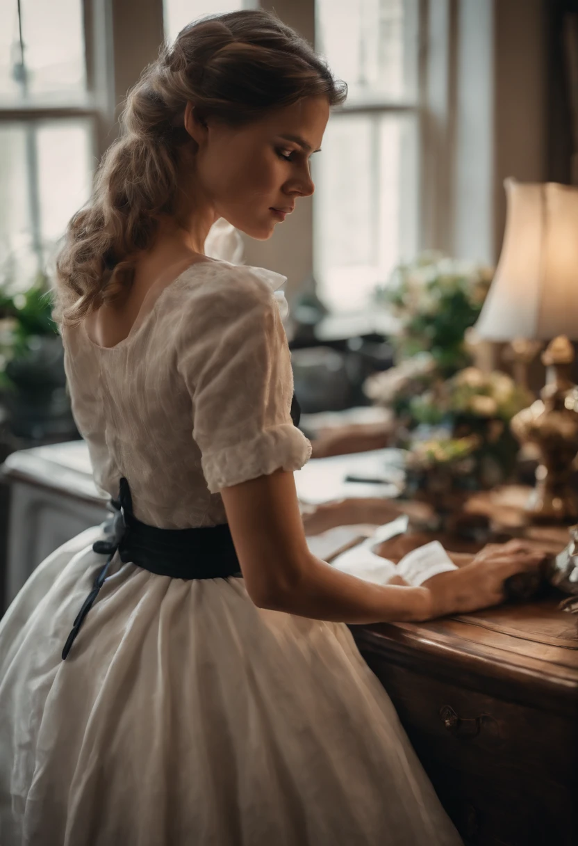 Cute maid, bend over the desk, ass focus, skirt lift, embarrassed, blushing, panties