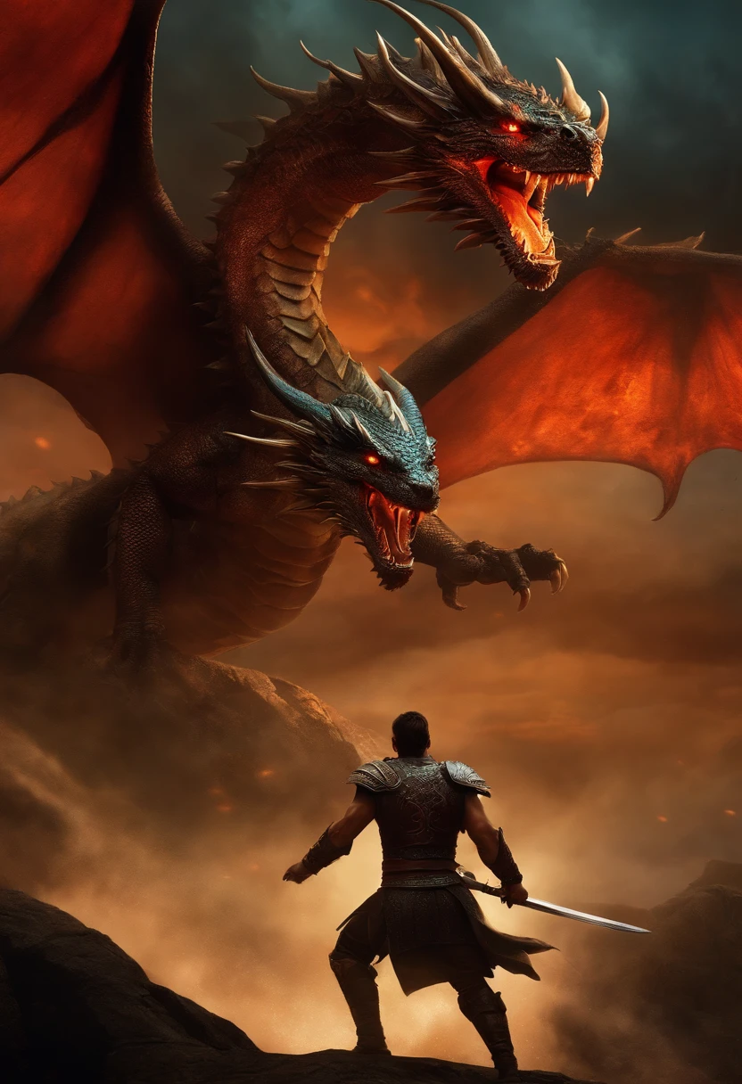 A warrior approaching a dragon with his sword drawn and the dragon striking a violent pose