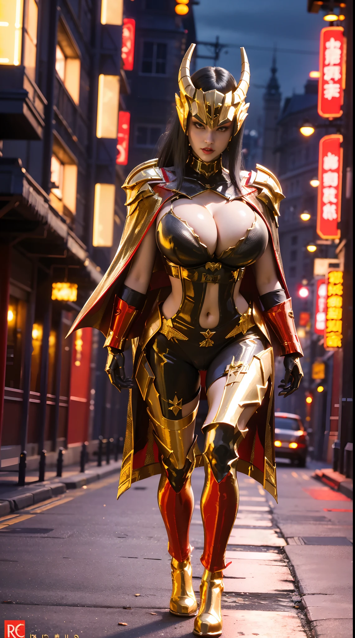 1GIRL, SOLO, (DARK PONYTAIL HAIR, DRAGON QUEEN HELM), (HUGE FAKE BOOBS:1.3), (Red, black, gold, SEXY FUTURISTIC LATEX BRA, ROYAL CAPE, CLEAVAGE:1.5), (SKINTIGHT YOGA PANTS, HIGH HEELS:1.2), (SEXY BODY, SEXY LONG LEGS, FULL BODY:1.3), (FROM FRONT, LOOKING AT VIEWER), (WALKING DOWN ON STREET NIGHT CITY:1.2), ULTRA HIGHT DEFINITION, 8K, 1080P.
