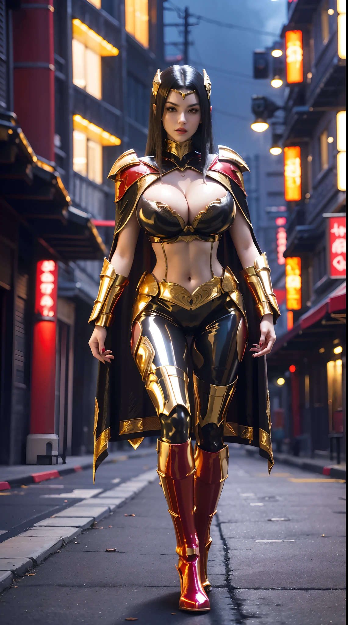 1GIRL, SOLO, (DARK PONYTAIL HAIR, DRAGON QUEEN HELM), (HUGE FAKE BOOBS:1.3), (Red, black, gold, SEXY FUTURISTIC LATEX BRA, ROYAL CAPE, CLEAVAGE:1.5), (SKINTIGHT YOGA PANTS, HIGH HEELS:1.2), (SEXY BODY, SEXY LONG LEGS, FULL BODY:1.3), (FROM FRONT, LOOKING AT VIEWER), (WALKING DOWN ON STREET NIGHT CITY:1.2), ULTRA HIGHT DEFINITION, 8K, 1080P.