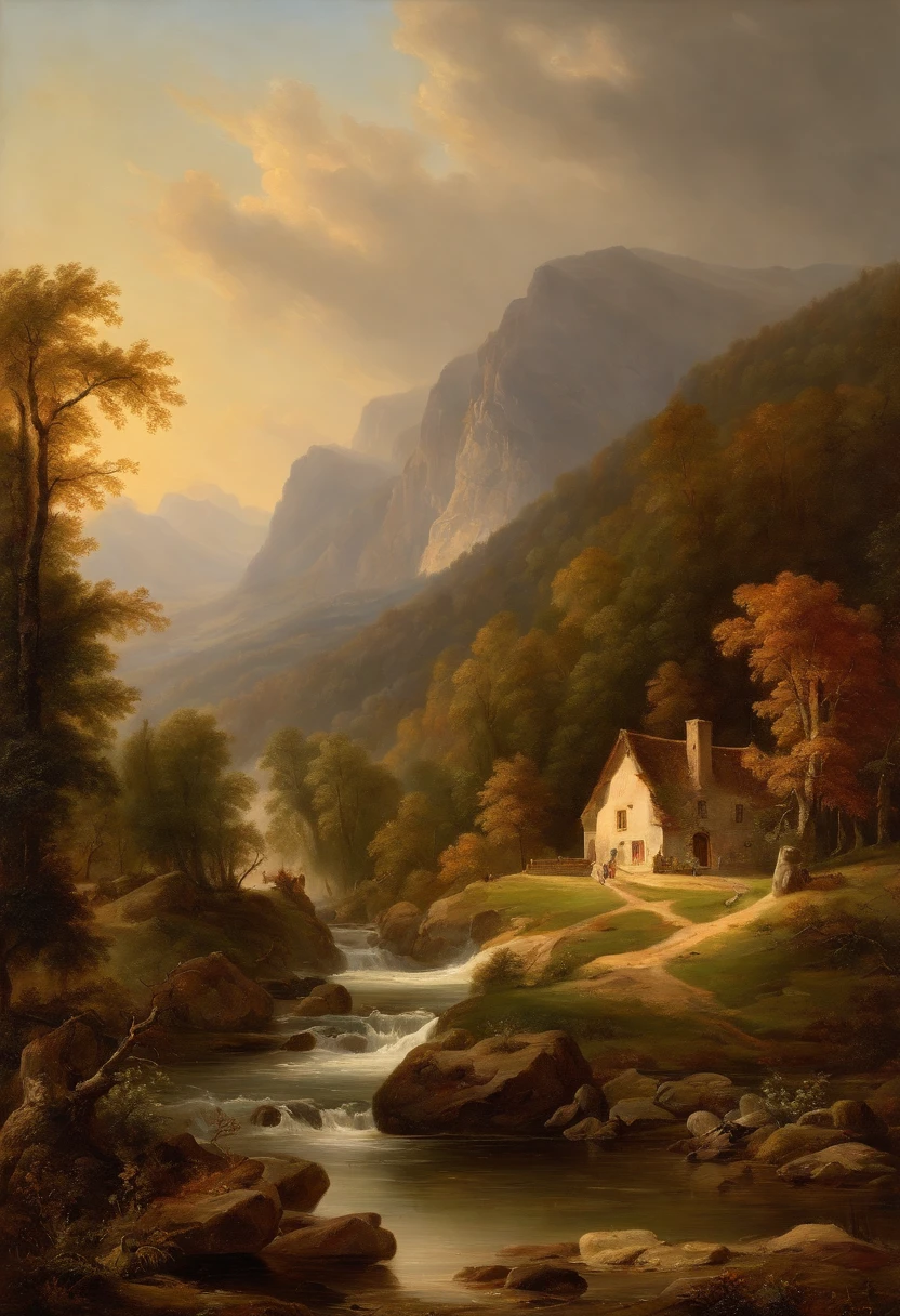 Painting of a river with a house and a waterfall in the middle, Romantische Landschaft, inspiriert von Carl Hilger, Albert Bierstadt 4 K, Romantik Landschaftsmalerei, Hudson River Schule, von August Friedrich Schenck, von Alexander Nasmyth, von Robert S. Duncanson, Alpine landscape with hut, by Joseph von Führich, Ludwig Richter Landschaft, warmes Herbstlicht