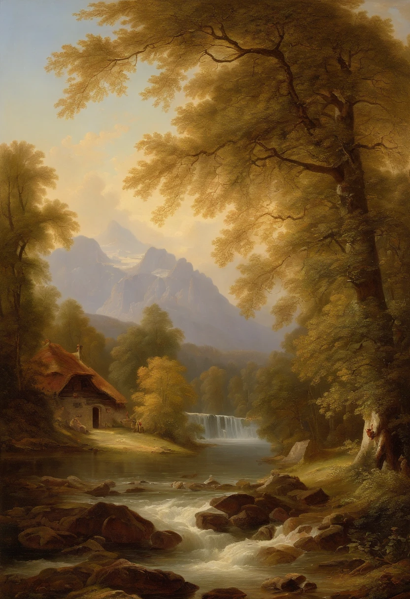 Painting of a river with a house and a waterfall in the middle, Romantische Landschaft, inspiriert von Carl Hilger, Albert Bierstadt 4 K, Romantik Landschaftsmalerei, Hudson River Schule, von August Friedrich Schenck, von Alexander Nasmyth, von Robert S. Duncanson, Alpine landscape with hut, by Joseph von Führich, Ludwig Richter Landschaft, warmes Herbstlicht