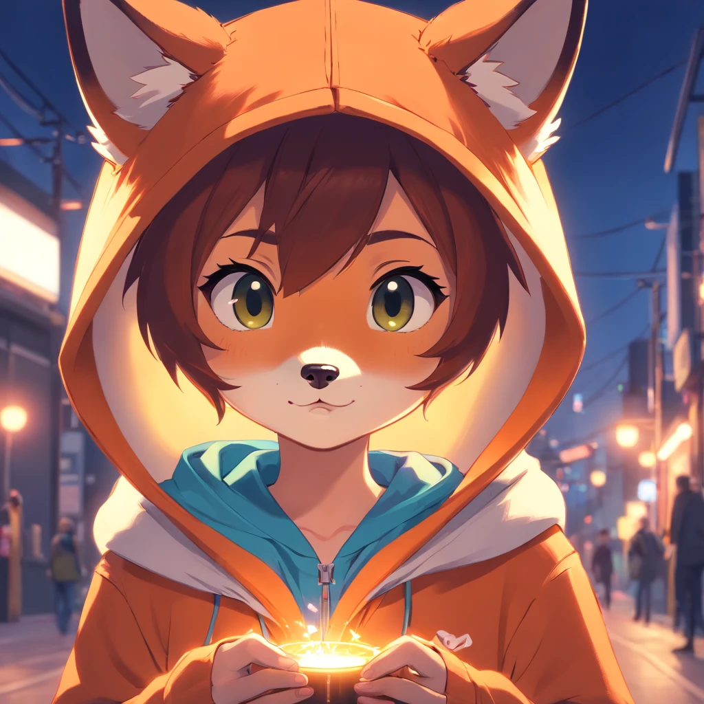 Cute fox in Pixar movie style wearing a hoodie , illuminating, Cinematic lighting, 。.。.。.3D, Borrowed, ultra - detailed, 8K、Holding a camera in hand