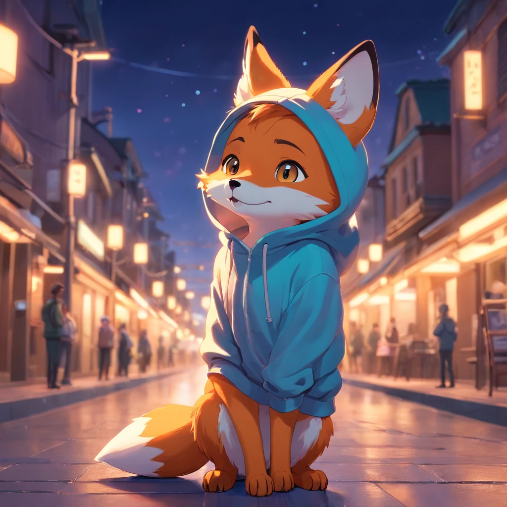 Cute fox in Pixar movie style wearing a hoodie , illuminating, Cinematic lighting, 。.。.。.3D, Borrowed, ultra - detailed, 8K、Holding a camera in hand