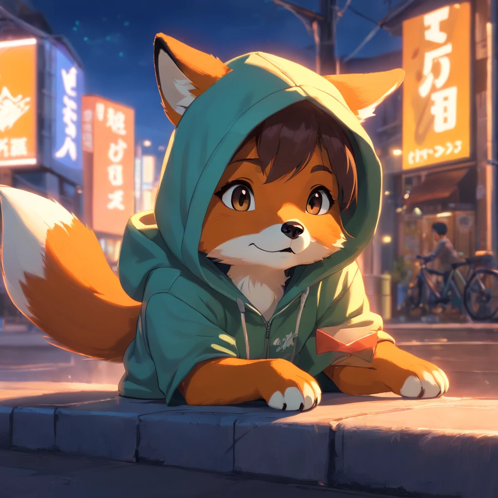 Cute fox in Pixar movie style wearing a hoodie , illuminating, Cinematic lighting, 。.。.。.3D, Borrowed, ultra - detailed, 8K、Holding a camera in hand