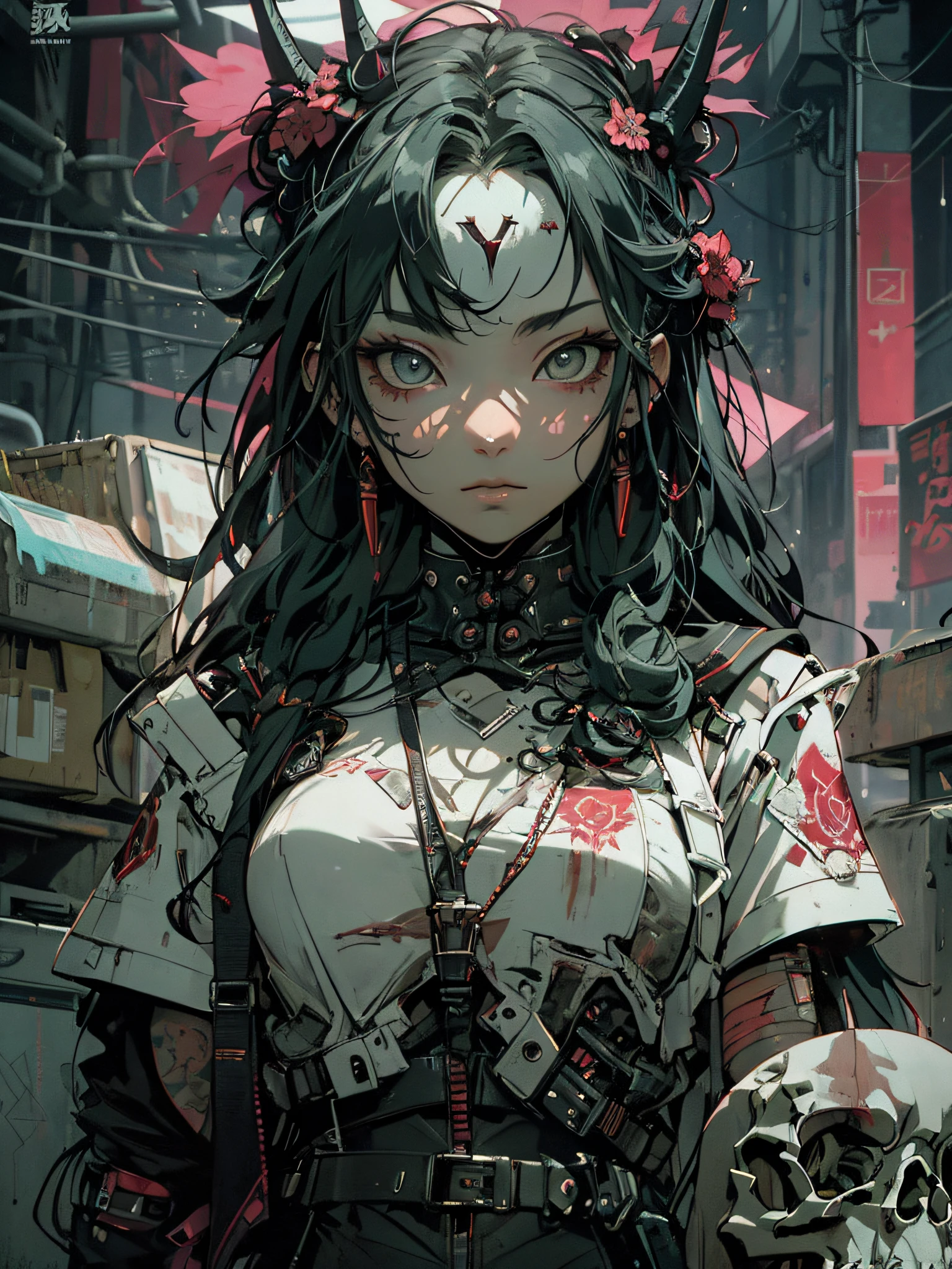 official art, unity 8k wallpaper, ultra detailed, beautiful and aesthetic, High quality, beautiful, masterpiece, best quality, (zentangle, mandala, tangle, entangle:0.6), male focus limited palette, low contrast, 1girl, serafuku, lycoris flower, goat skull, (red, black), (horror), (gloomy), blood, masterpiece, best quality, ultra-detailed, 1girl, beautiful detailed eyes, beautiful detailed glow, cyberpunk, extremely detailed CG unity 8k wallpaper, tall slender body, tall girl, , green eyes, athletic build, size 3 chest, white lab coat, black T-shirt, black pants, lab room, medium breasts, rain, cyberpunk city, cyberpunk armor, black girl, white braided hair, nsfw, nude, naked