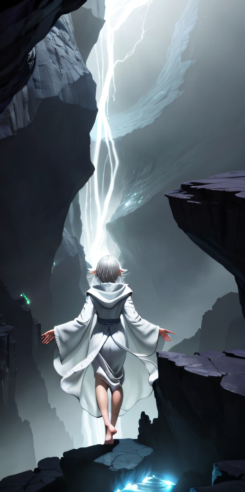 Elfa 23 years old, sexy, 5 dedos cada mano, Barefoot, suspended in thin robes of white hair and hooded arms raised above a broken earth Bright lava light from beneath the asteroid field (rocas dentada claras, rocas y escombros disparados al aire: 1.3) (Tormenta de escombros de polvo ventoso: 1.1) volumetric fog mist ray tracing z pass bright light from below, (obra maestra) (mejor calidad) (detallado) (8k) (cinematography lighting) (foco nítido) (intrincado)