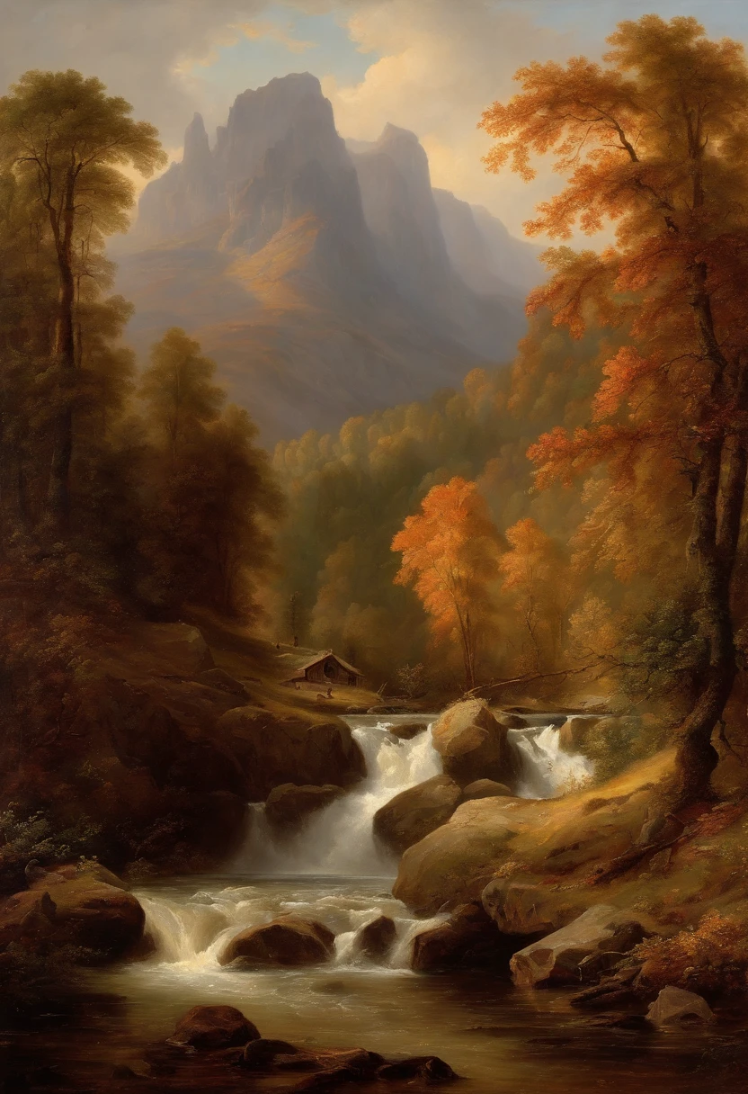 Painting of a river with a house and a waterfall in the middle, Romantische Landschaft, inspiriert von Carl Hilger, Albert Bierstadt 4 K, Romantik Landschaftsmalerei, Hudson River Schule, von August Friedrich Schenck, von Alexander Nasmyth, von Robert S. Duncanson, Alpine landscape with hut, by Joseph von Führich, Ludwig Richter Landschaft, warmes Herbstlicht, Licht und Schatten