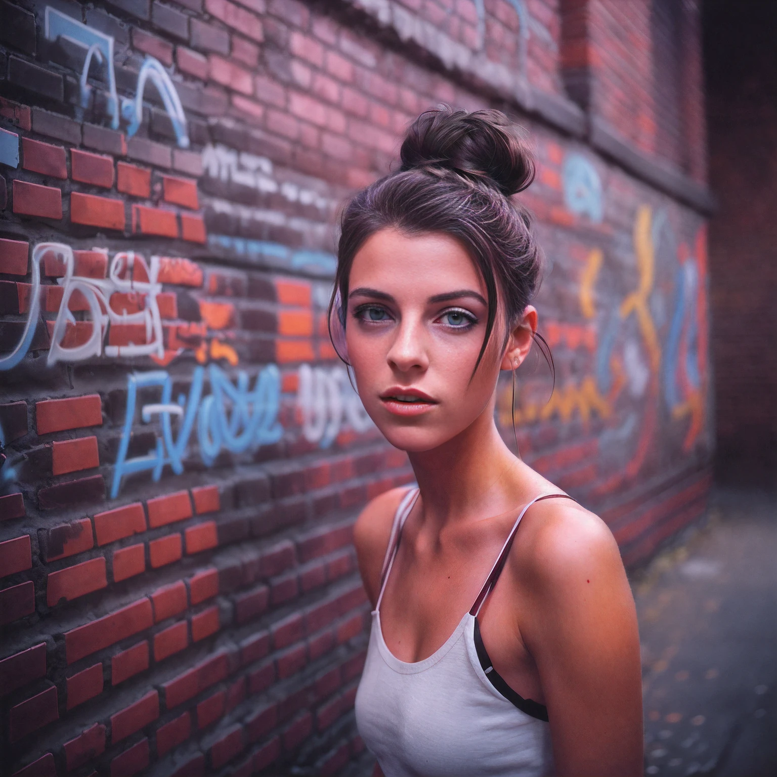 Sexually enthusiastic photo by Richard Kern of a -yeld exmely attractive girl, erotically suggestive face. Dark hair in simple bun. Brick wall with colored graffiti, vogue, fashions. Highly detailed. Detailed face. Created by Joe McNally. Best photography with world awards. Leica M6, cinematography, volumetric light, HD, 8k.