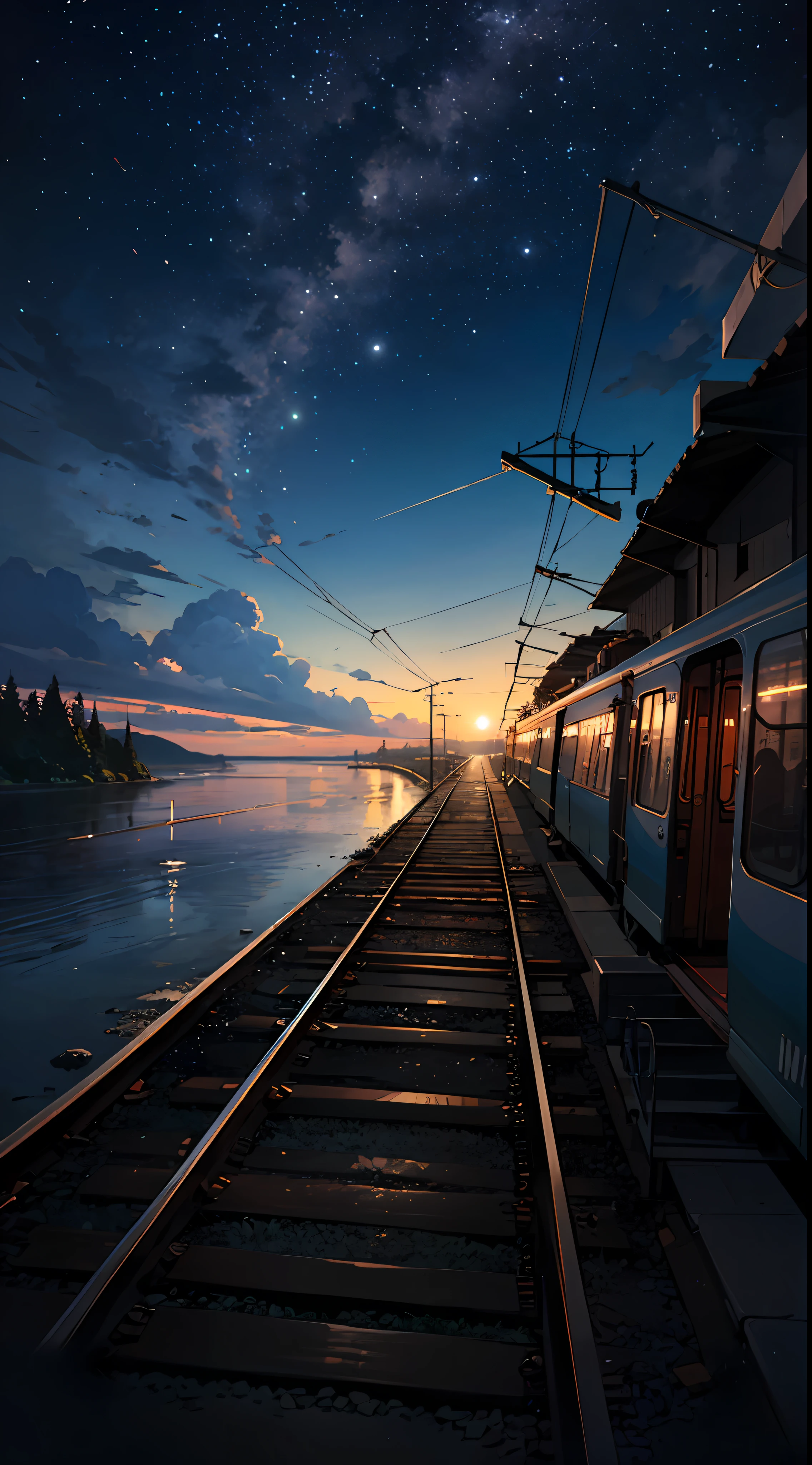 High quality masterpiece, landscape, anime train passing through bodies of water on tracks, bright starry sky. Romantic train, pixiv, concept art, lofi art style, reflection. by Makoto Shinkai, lofi art, Beautiful anime scene, Anime landscape, detailed scenery —width 672, in style of Makoto shinkai, style of Makoto shinkai, enhanced details.