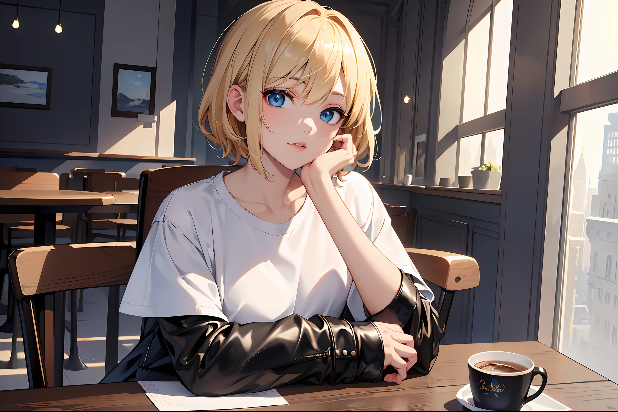 (masterpiece, highest quality, 8k, 16k, high quality, best quality:1.3, absurdres, highres),
(masterpiece, best quality:1.2), solo, 1girl, solo, A girl with short blond hair and blue eyes, dressed in a black leather jacket and white T-shirt, sits at a table in a café