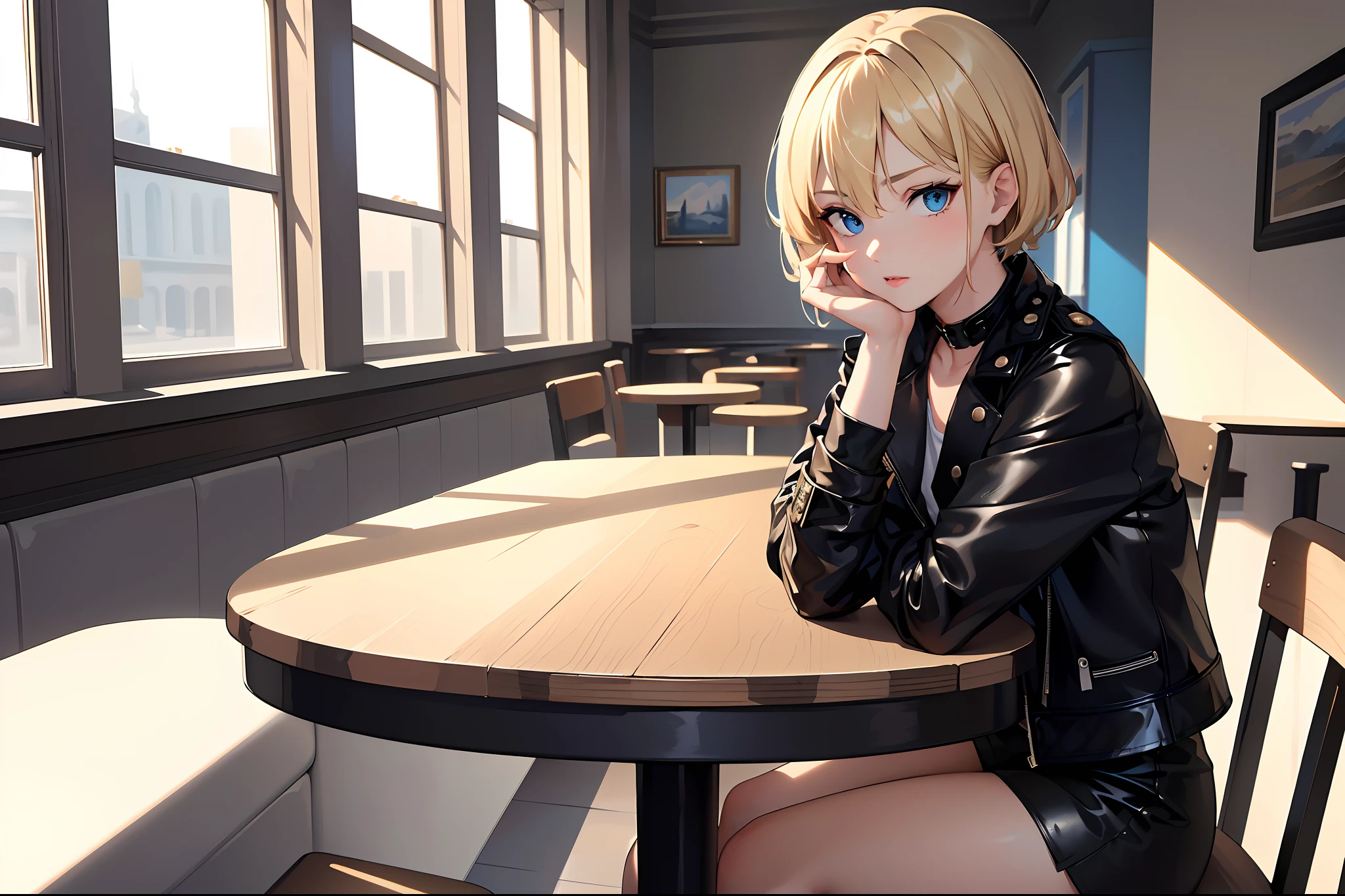 (masterpiece, highest quality, 8k, 16k, high quality, best quality:1.3, absurdres, highres),
(masterpiece, best quality:1.2), solo, 1girl, solo, A girl with short blond hair and blue eyes, dressed in a black leather jacket and white T-shirt, sits at a table in a café