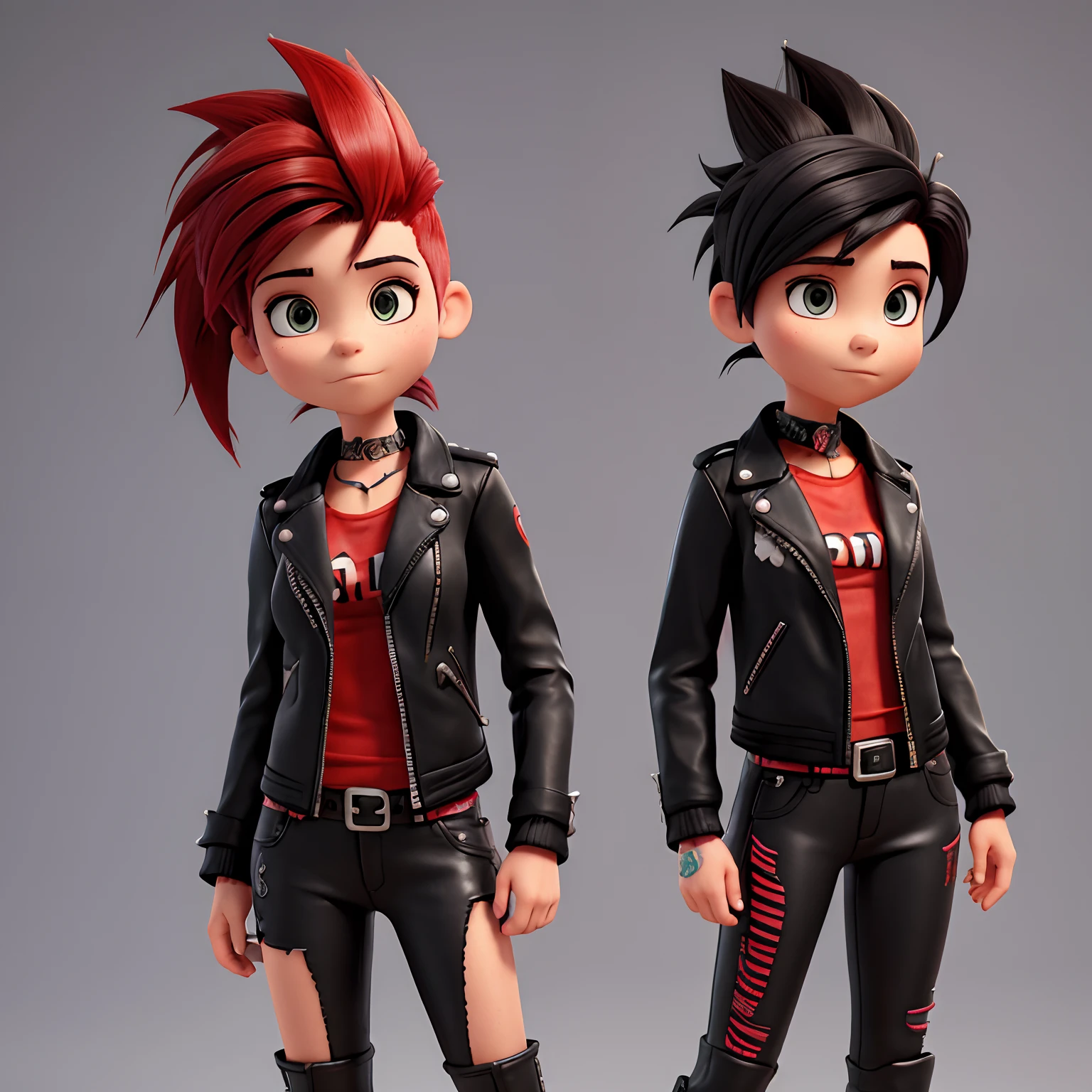 Punk girl wearing a dark leather jacket, had shaved on the sides, large black and red Mohawk.