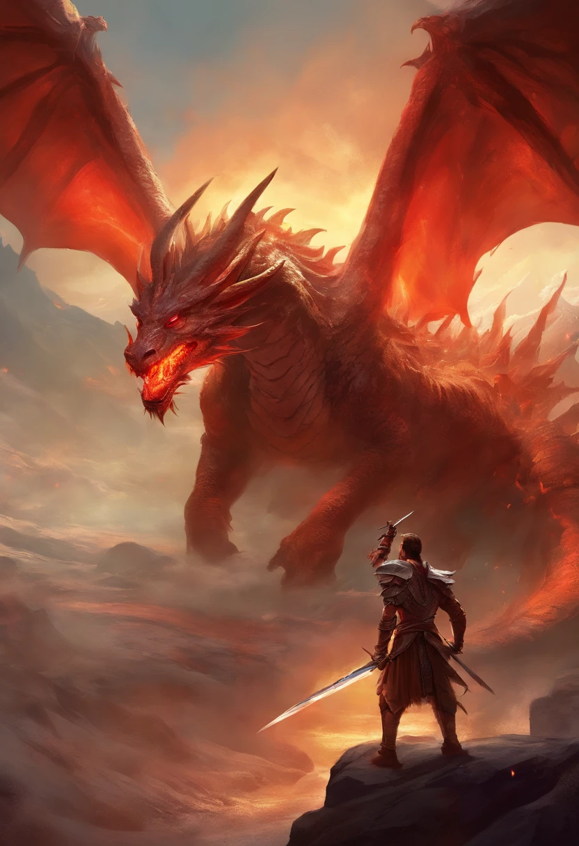 A warrior approaching a dragon with his sword drawn and the dragon with its back in the air and his head low to the ground an its mouth open and glowing red