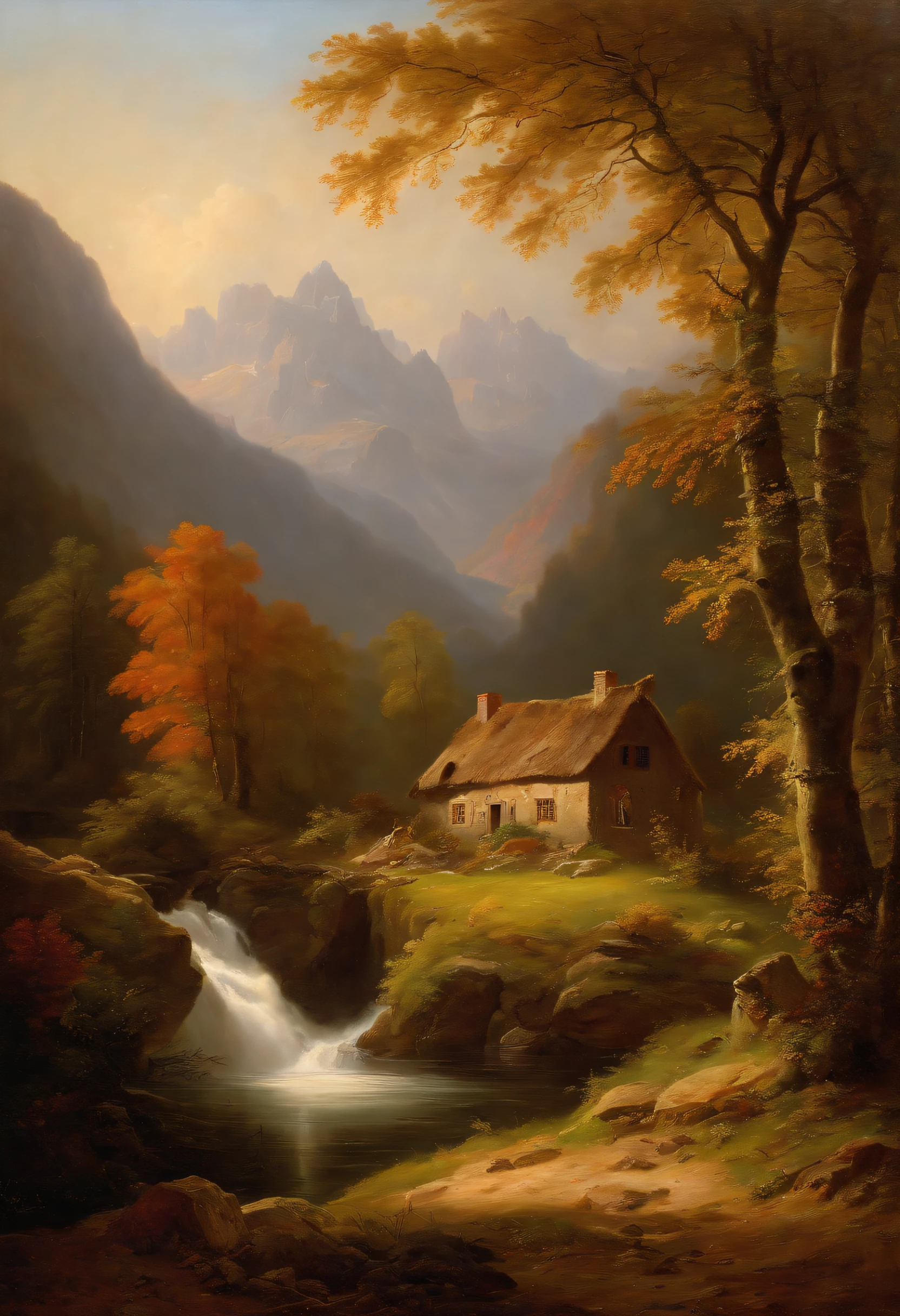 Painting of a river with a house and a waterfall in the middle, Romantische Landschaft, inspiriert von Carl Hilger, Albert Bierstadt 4 K, Romantik Landschaftsmalerei, Hudson River Schule, von August Friedrich Schenck, von Alexander Nasmyth, von Robert S. Duncanson, Alpine landscape with hut, by Joseph von Führich, Ludwig Richter Landschaft, warmes Herbstlicht, Licht und Schatten