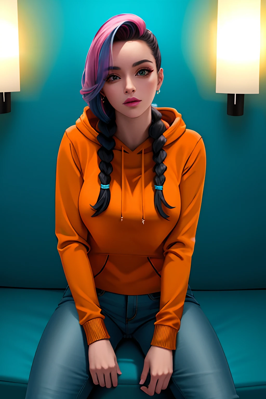 ultra detailed ((full body!!)) shot of a 29 year old girl wearing a orange hoodie , blue jeans, ((surprised!!)), braids, sitting on bright green cube, detailed skin,photo-realistic,hdr, on plain bright green background, obra-prima, melhor qualidade, alta qualidade, highes definition, textura de alta qualidade, sombra de alta qualidade, alto detalhe, realista, cinematiclight, side-lighting, reflexo de lente, rastreamento de raio, foco nítido,