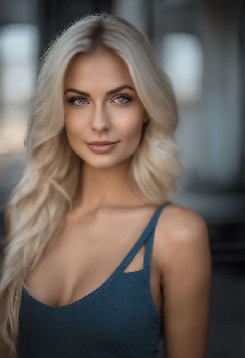 Cover photo of a 25-year-old Brazilian woman, pointing at camera, cheveux blonds, serious, (amazing skin detail: 1.4), (peau naturelle: 1.2), (Pores: 0.6), Makeup, (Detailed light blue eyes: 1.2), fond noir, fond ville, Light border, dark atmosphere, (Bokeh: 1.2), photographie, cinematic, photoreallistic, ultrarealistic, fille en forme, Silhouette parfaite, (gros sein), (Sexy fur tank top outfit)