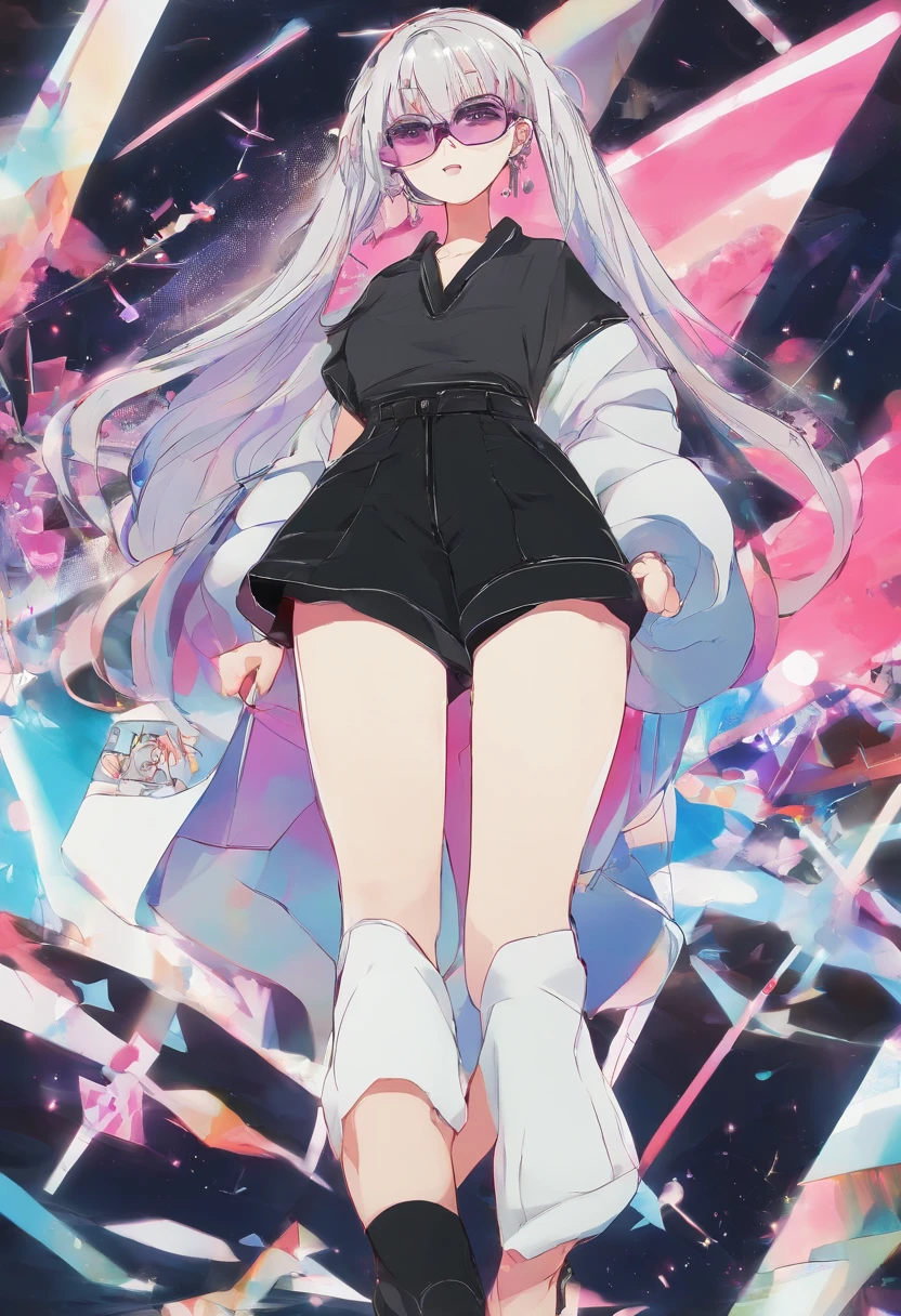 1girl , beautiful face, round black sunglasses, cabelo curto preto, legal, Terno Preto, black pant, Sapatos All-Star, Himeno, Standing up.
