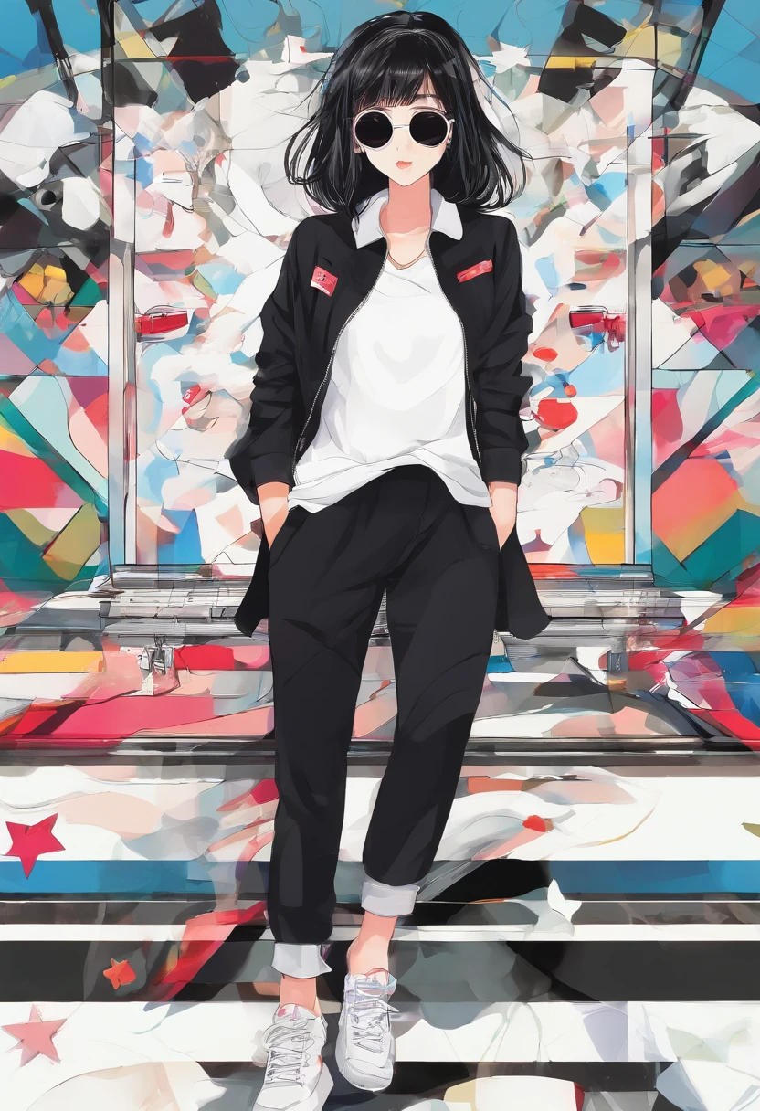 1girl , beautiful face, round black sunglasses, cabelo curto preto, menina legal, Terno Preto, black pant, Sapatos All-Star, Himeno, Standing up.