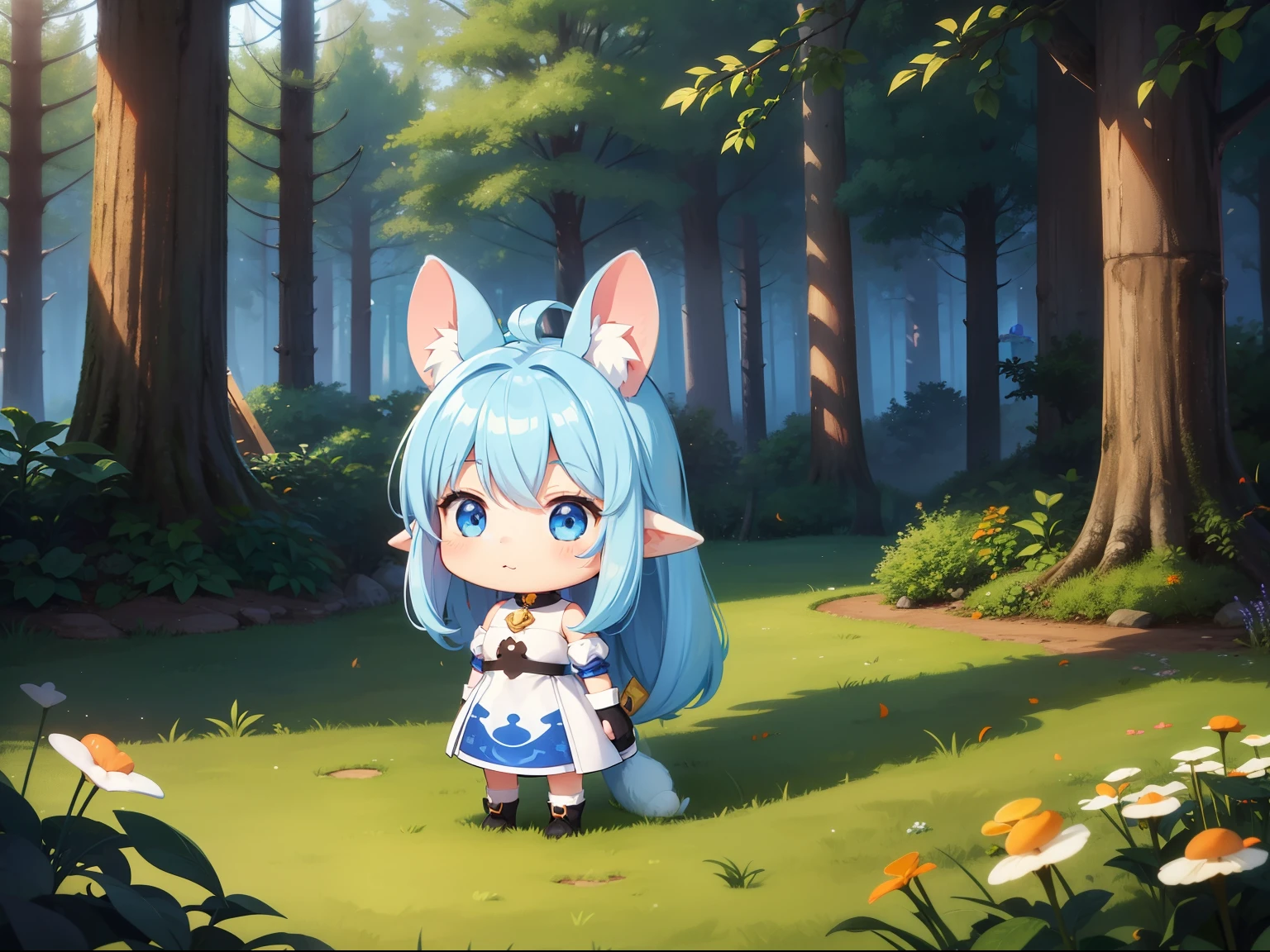 There are small white rabbits with carrots and long ears, White long ears、I'm with a girl with long blue hair and a chibi character。It is a cute costume in white and blue。Dark eyes。cute forest creature, Cute mushrooms also grow、Adorable Digital Painting, cute detailed digital art, the squirrel king, Cute digital art, cute cartoon characters, cute character, CuteCreatures, Cutie, official illustrations, Official art, squirrel, maplestory mouse, astri lohne, cute 3d render