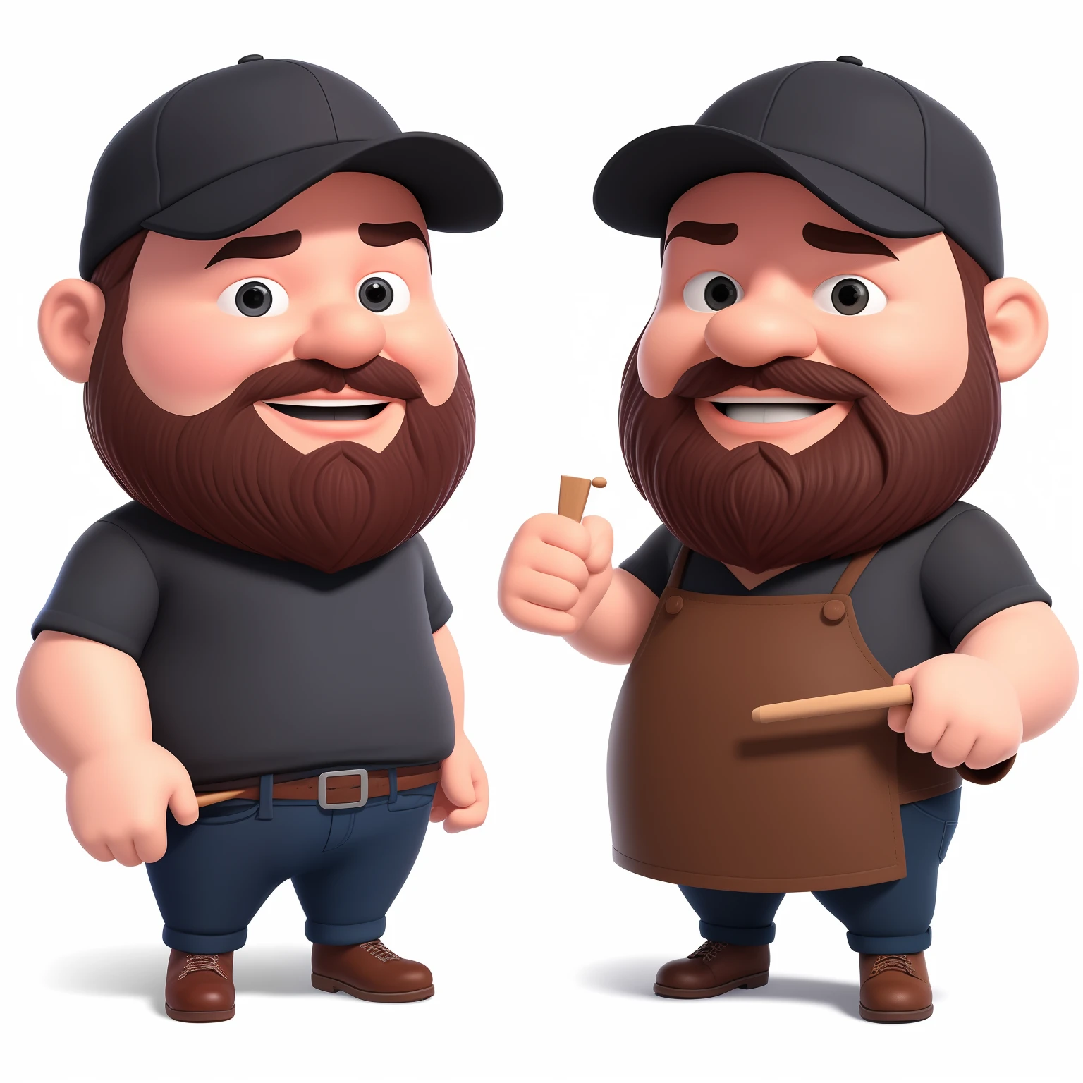 Cartoon illustration of two men with beards and a black cap, ((Holding a skewer of meat in his right hand)), design de personagem de alta qualidade, commercial illustration, official illustration, design de personagem muito estilizado, design de personagem profissional, PERSONAGENS ALTAMENTE DETALHADOS, Personagens 3D, Arte Oficial, design de personagem altamente detalhado, musculoso, Design de personagem estilizado, Mascot illustration, arte do personagem, arte do personagem do jogo, design de personagens do jogo. personagem de desenho animado de um homem chamado Edi. Ele tem cerca de 40 anos, sobrepeso, tem um rosto grande, cabelo castanho claro e barba. Ele tem muito tempo, pernas delgadas, amber eyes, e bochechas grandes. he is wearing a black t-shirt, black pants, avental de couro, brown boots and black cap. He has a wide smile and a medium-length beard. He's holding a big barbecue skewer in his hand. The image must be realistic and identical to the attached file. Include various poses and expressions. Crie um personagem muito consistente, Register the Characteristics (((((refer ence sheet))))) ((((folha de caracteres)))) (((((multiple poses))))) ((((imagens distantes umas das outras)))) (((((Overlaying images is prohibited))))) ((((((Show the image without cropping with full composition))))))