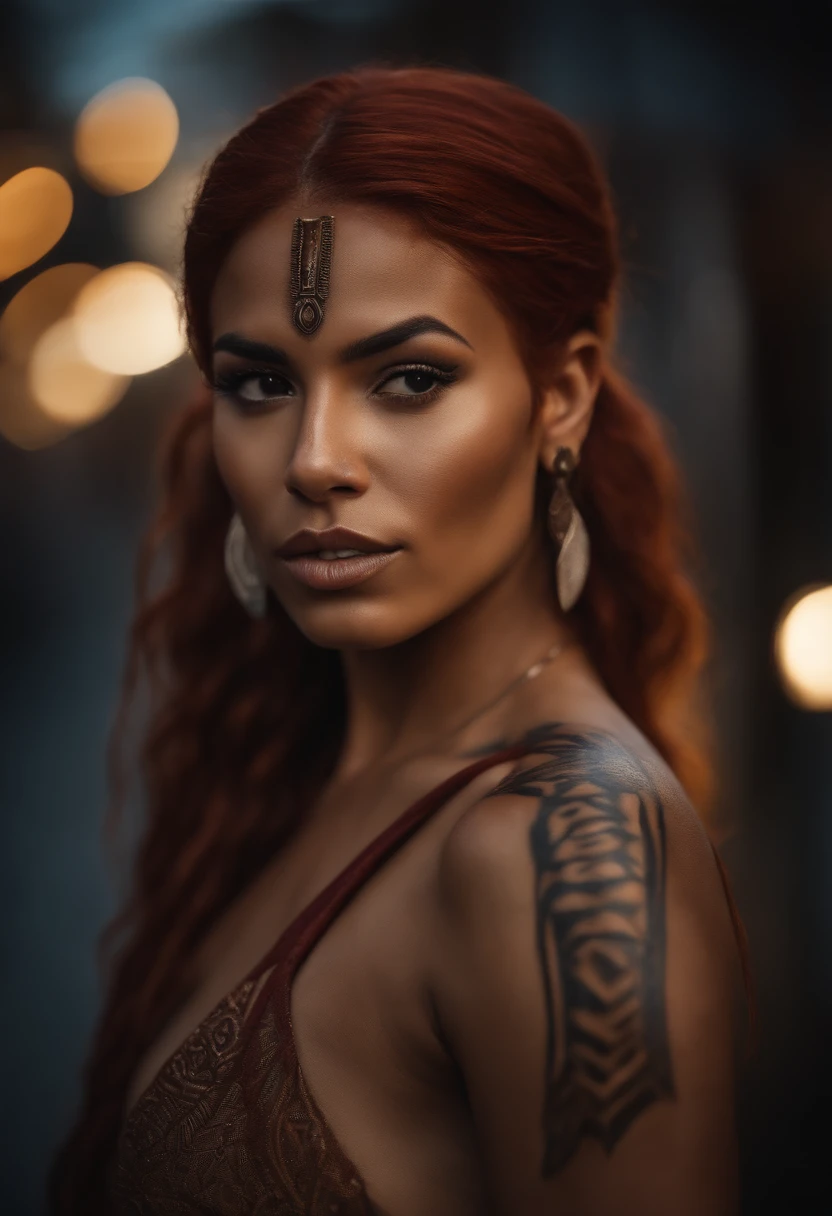 An urban goddess Latina with a caramel skin and vibrant red hair With tribal markings only on cheekbones, bottom lip and shoulder completely nude