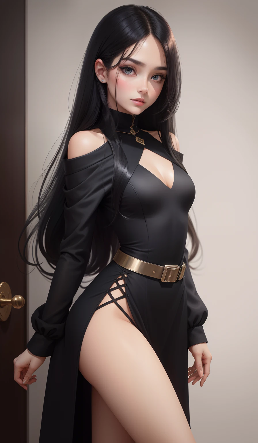 a woman in a long black long sleeve silk dress with a belt , black high heels, diamond hair piece, , shoulder length slightly wavy hair, ((black hair)) and gleaming detailed vibrant deep blue eyes, slim frame, medium breasts, long legs, beautiful face, small butt size, small feet size, small hand size, perfect hands, scary face, beautiful face, pretty face, hot woman, British woman, cream skin, small soft pink lips , medium breast size, slim figure, standing pose, soft features, cute girl, perfectly framed face, soft pink lips, glossy lips