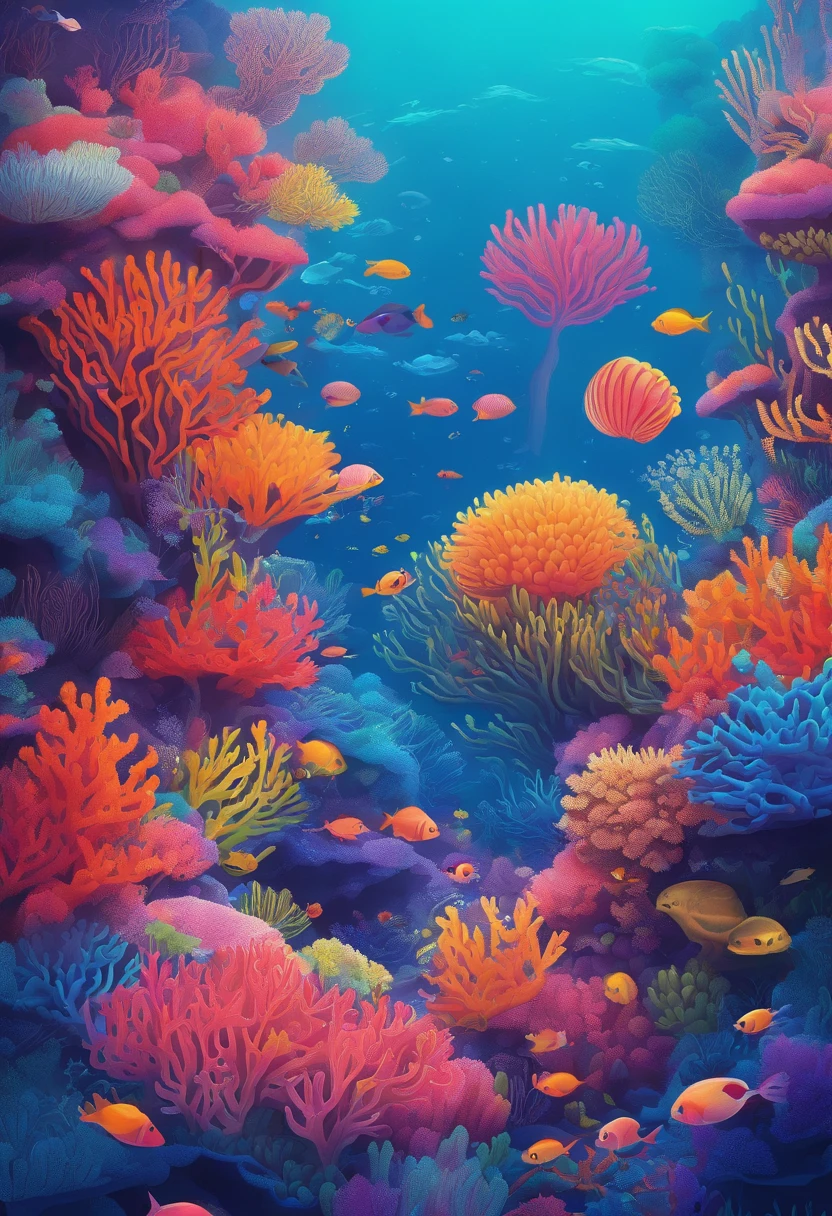 Colorful coral reefs,Underwater Kingdom,Glowing underwater plants,Yayoi Kusama,Dreamy,Dreamlike scenery,Various seabed creatures,Rich in color,Colorful,