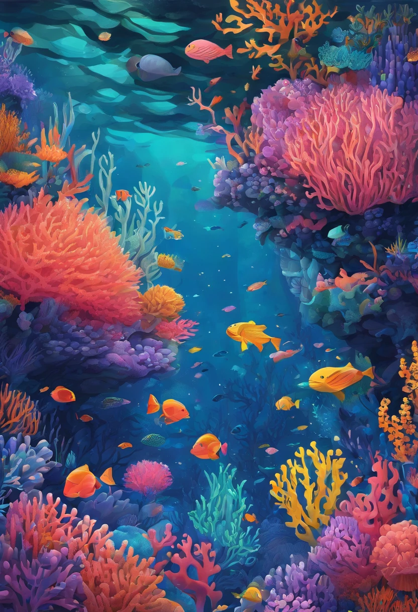 Colorful coral reefs,Underwater Kingdom,Glowing underwater plants,Yayoi Kusama,Dreamy,Dreamlike scenery,Various seabed creatures,Rich in color,Colorful,