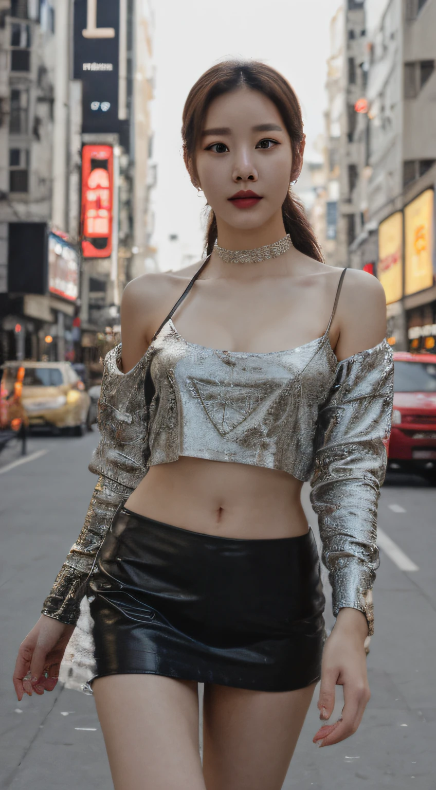 Korea's Extravagant Clothing, Young Korean Woman, Straps, Eco leather, mini skirt, fashionable, Metropolis around, ultradetail, Hyper-realistic fashion designer Hyein Seo