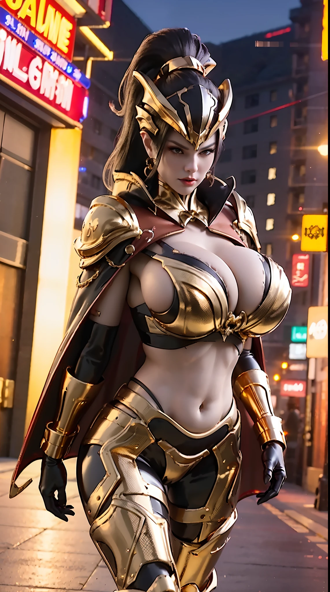 1GIRL, SOLO, (DARK PONYTAIL HAIR, DRAGON QUEEN HELM), (HUGE FAKE BOOBS:1.3), (Red, black, gold, SEXY FUTURISTIC LATEX BRA, ROYAL CAPE, CLEAVAGE:1.5), (SKINTIGHT YOGA PANTS, HIGH HEELS:1.2), (SEXY BODY, SEXY LONG LEGS, FULL BODY:1.3), (FROM FRONT, LOOKING AT VIEWER), (WALKING DOWN ON STREET NIGHT CITY:1.2), ULTRA HIGHT DEFINITION, 8K, 1080P.