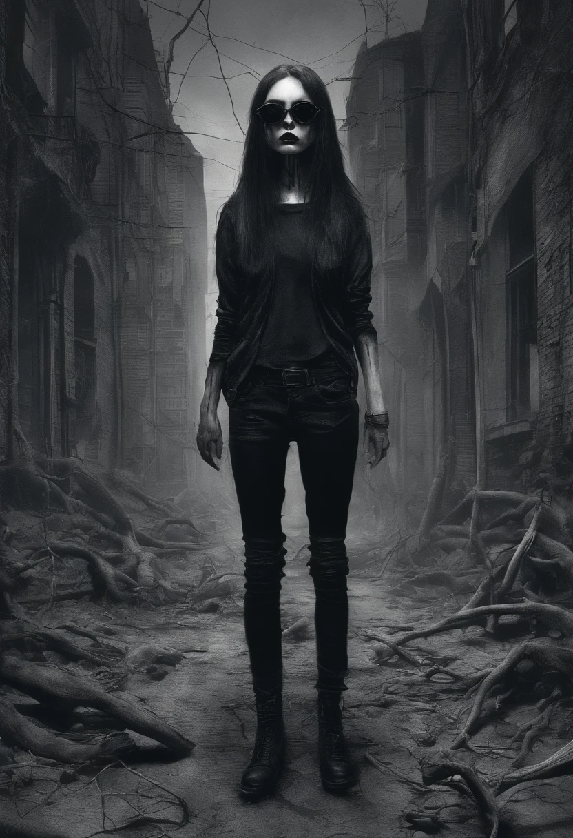 1girl , beautiful face, round black sunglasses, cabelo curto preto, menina legal, Terno Preto, black pant, Sapatos All-Star, Himeno, Standing up.