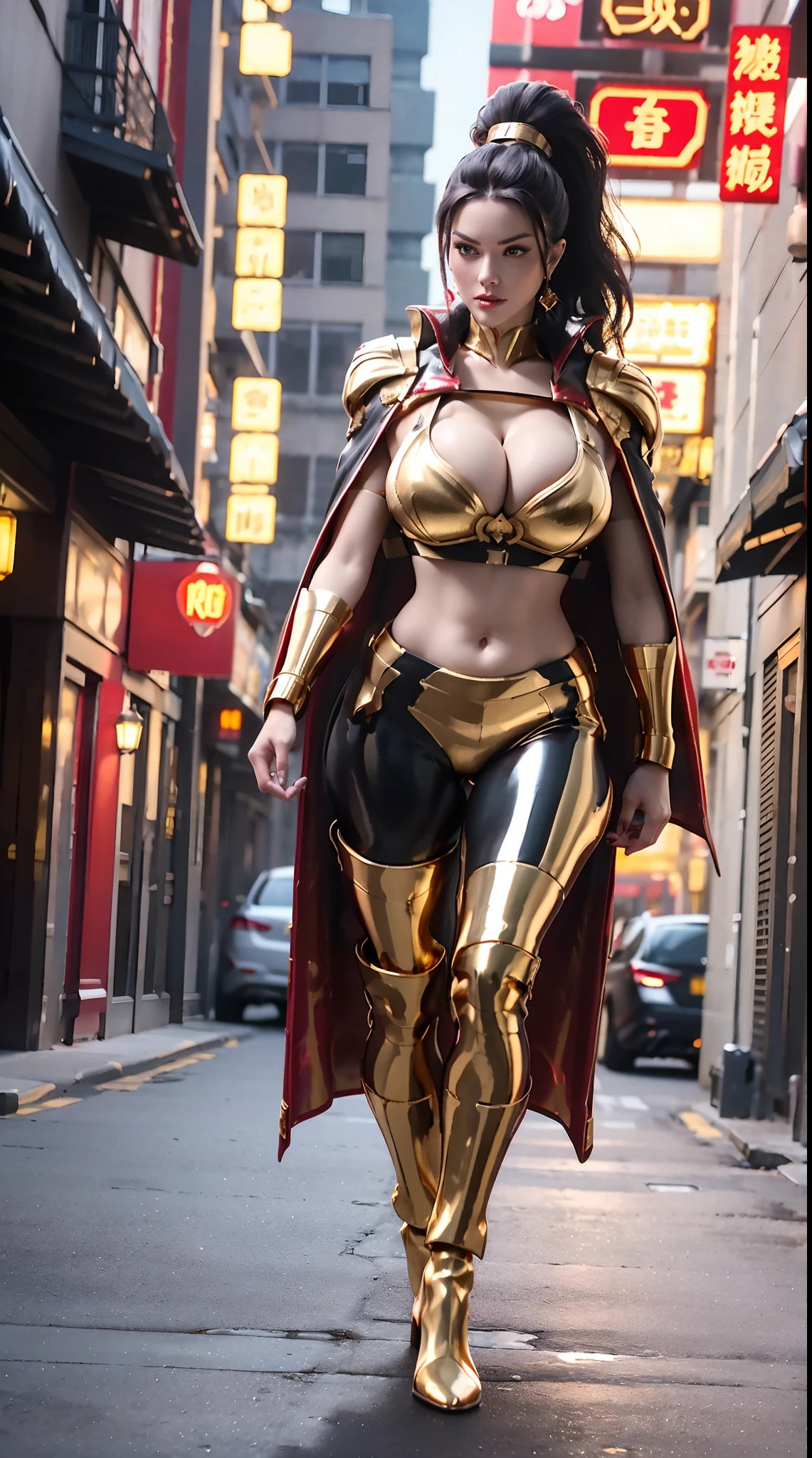 1GIRL, SOLO, (DARK PONYTAIL HAIR, DRAGON QUEEN HELM), (HUGE FAKE BOOBS:1.3), (Red, black, gold, SEXY FUTURISTIC LATEX BRA, ROYAL CAPE, CLEAVAGE:1.5), (SKINTIGHT YOGA PANTS, HIGH HEELS:1.2), (SEXY BODY, SEXY LONG LEGS, FULL BODY:1.3), (FROM FRONT, LOOKING AT VIEWER), (WALKING DOWN ON STREET NIGHT CITY:1.2), ULTRA HIGHT DEFINITION, 8K, 1080P.