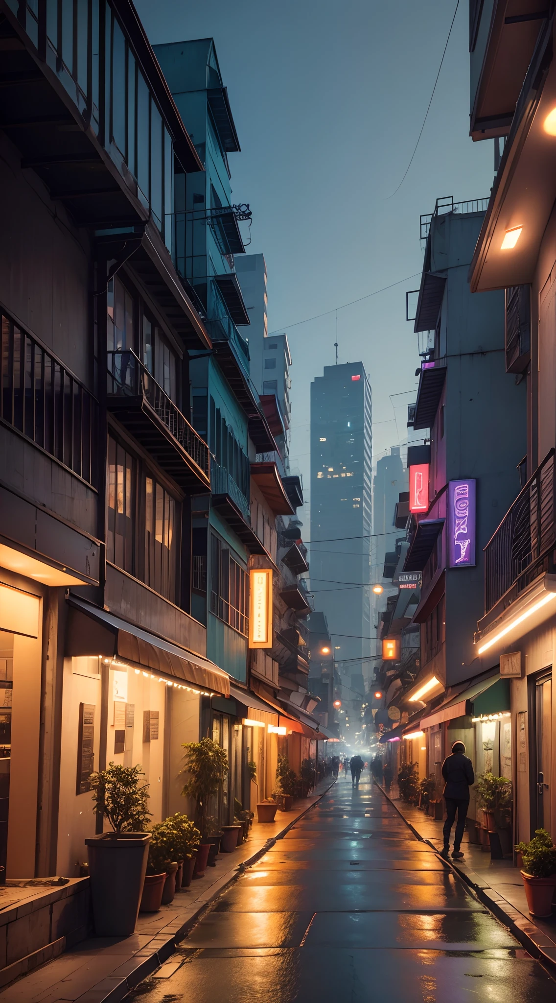 City street with buildings, asfalto molhado a noite neon