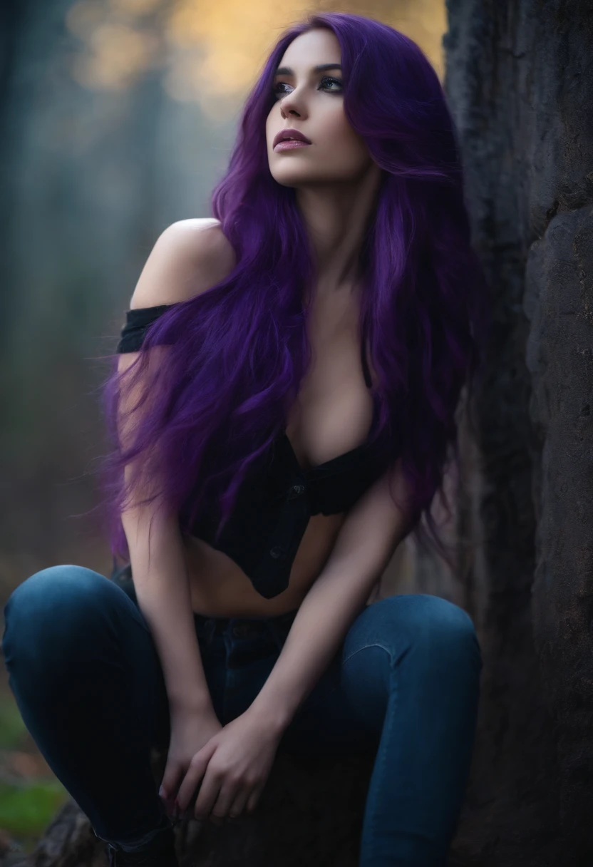 Girl with long purple hair slim, cuteface, little chest, In dark jeans, Squatting