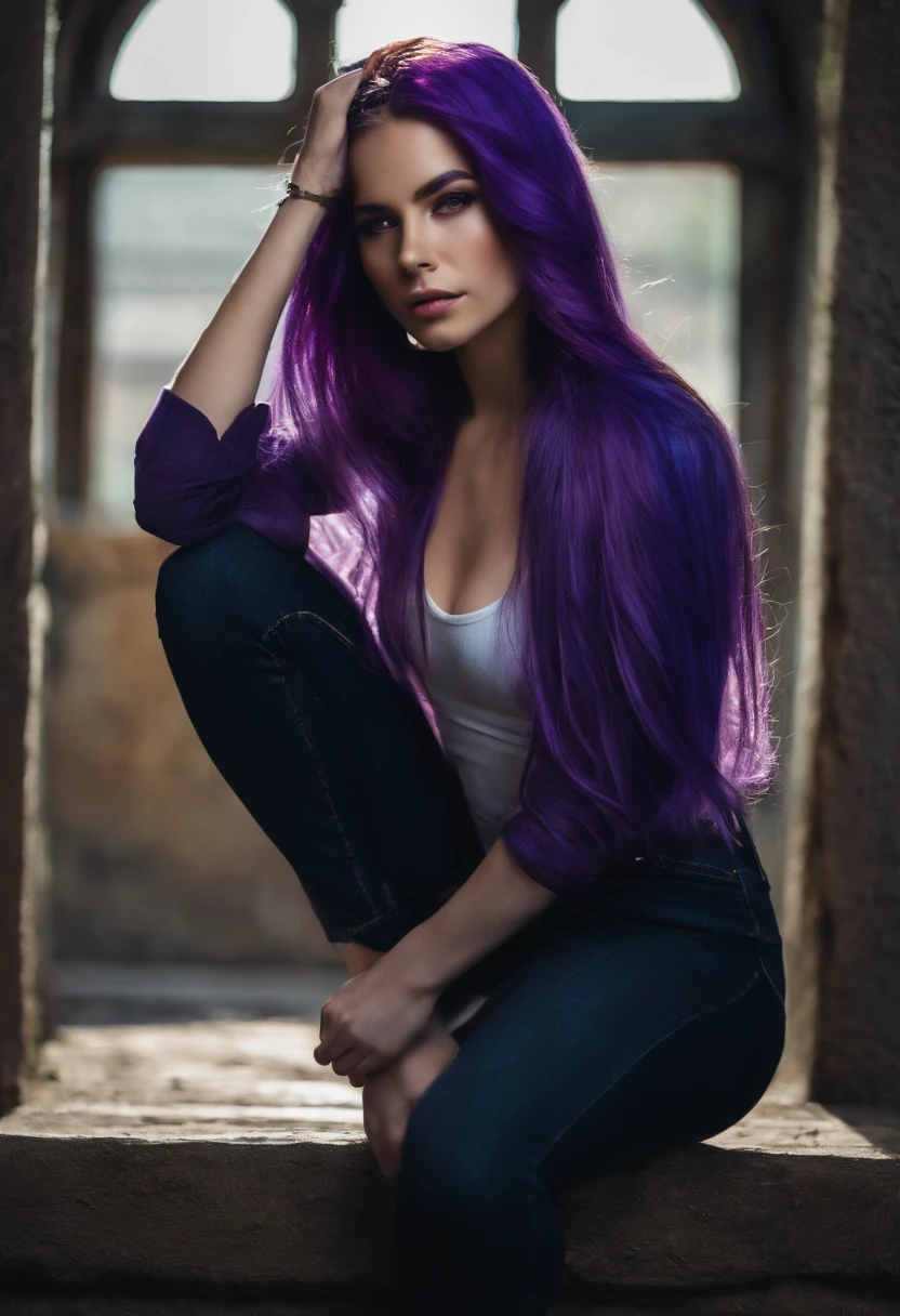 woman, Purple long hair, naked, spread legs, pussy