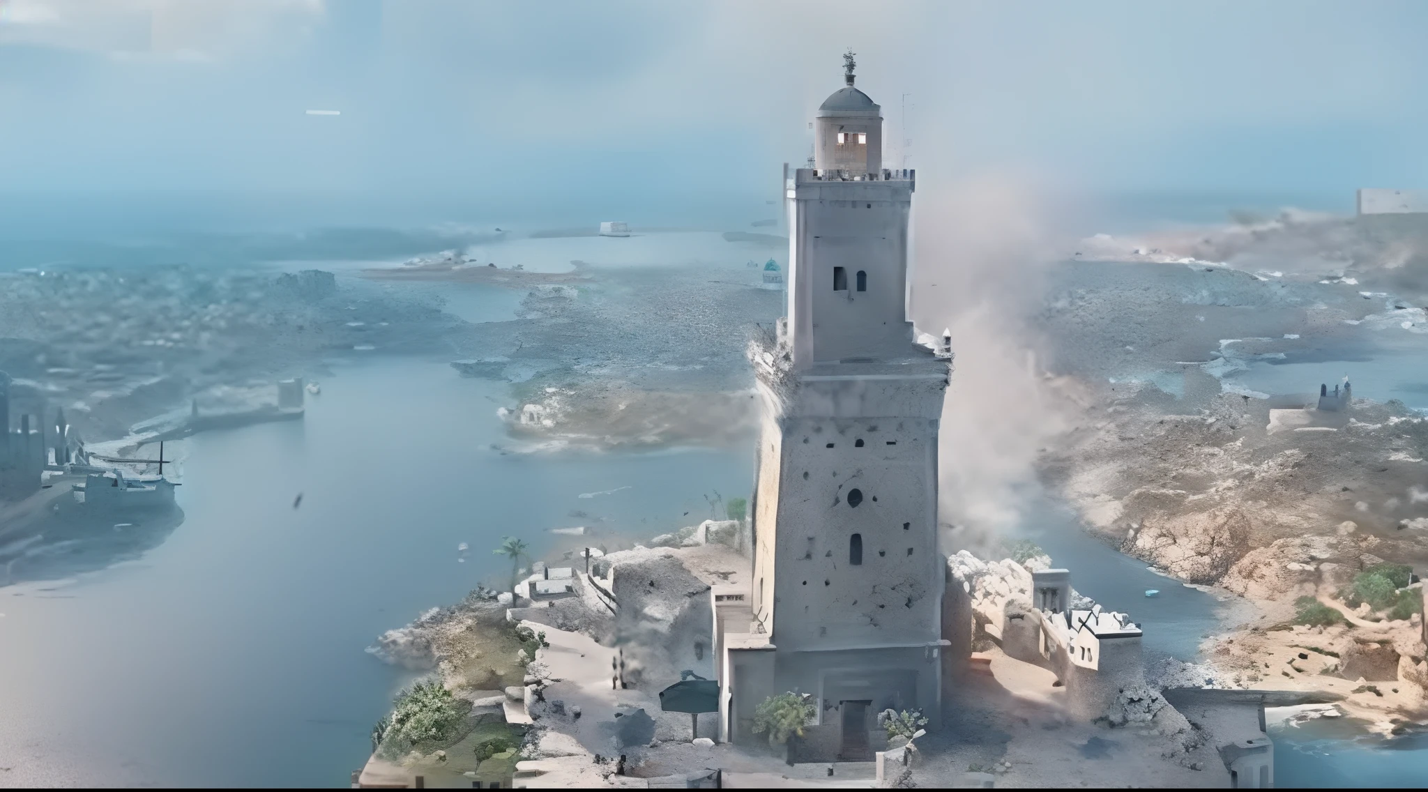 Vista ararfed de uma torre de farol com um rio no fundo, 8k)), alta qualidade de imagem, ( pintura fosca, Anor Londo, highly detailed epic, Cidade Marroquina, Directed by: Luis Miranda, in a tropical and dystopic city, Lisboa, captura de tela do jogo, Criado em Unreal Engine 5, Miniatura do YouTube, torre, Visuais impressionantes com RTX ativado