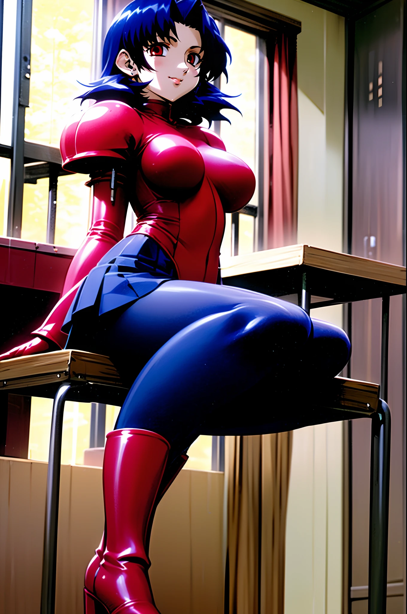 leotard, calm facial exprecion, blue hair, red eye, leotard, big shoulders, sleeves, medium breast, boots, long hair, skirt, smile, half lips stic inferion lip, red lipstic, long hair, messy hair, sitting