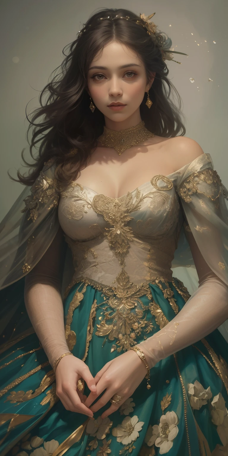 (best quality,8k,A high resolution,master part:1.2),ultra-detalhado,(Realistic,fotorrealista,photo-realistic:1.37),retrato,Arte de estilo criativo,Historical,classical,sofisticado,infinidade de cores,altamente detalhado,soft lighting,ambiente luxuoso,Detailed Rococo Dress ,Flores vibrantes,joias detalhadas,ethereal atmosphere,Poses elegantes,Funny curves,Body proportions ，flowing hair,Breathtaking textile patterns,Dark brown eyes delicate floral decoration,A dazzling array of crystal accessories,Atmosfera misteriosa e sonhadora,impeccable attention to detail. Vestido verde e dourado coroa com sol cabelos escuros