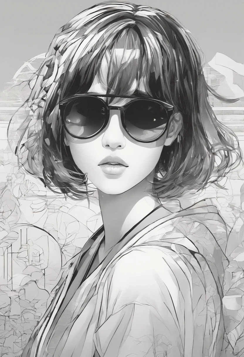 1girl , beautiful face, round black sunglasses, cabelo curto preto, legal, Terno Preto,