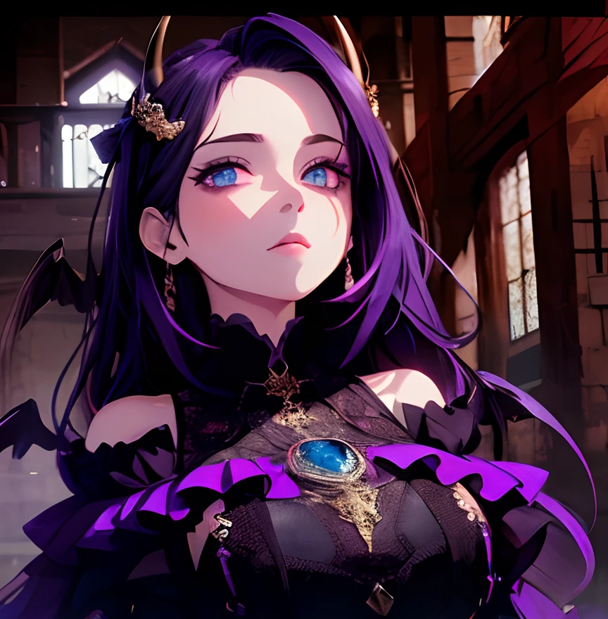 (dunkel,gotisch,beautiful,artistic ,Seductive Evil Eye),lila und schwarzes Kleid,long black hair with purple highlights,Detailed purple and black wings,black horns,durchdringende lila Augen,High-resolution 8K image,dark and mysterious background,Lebendige Farben,Unendliche Dunkelheit,somber atmosphere, Goldene Verzierungen rote Augen