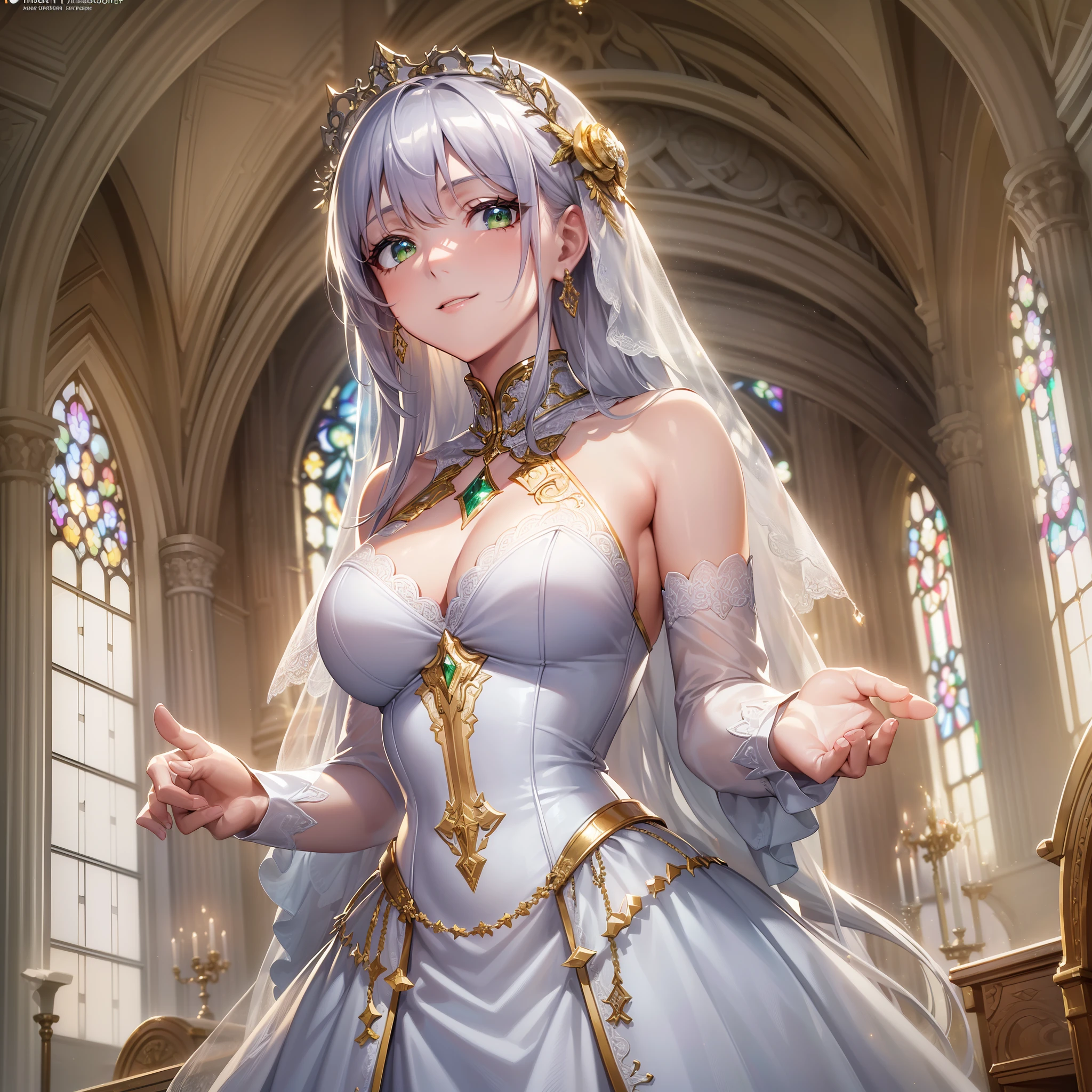 (Highly detailed CG Unity 8k wallpaper, masterpiece, top quality) (Perfectly proportioned hands with one thumb and four fingers) (Adult woman in her early twenties wearing a pure white wedding dress with dense lace) (Shiny silver hair, long hairstyle) Perfect body Golden ratio (shiny emerald green eyes) Smile (Composition where the whole body can be seen) Staring at the viewer (unexposed costume) In front of the church altar