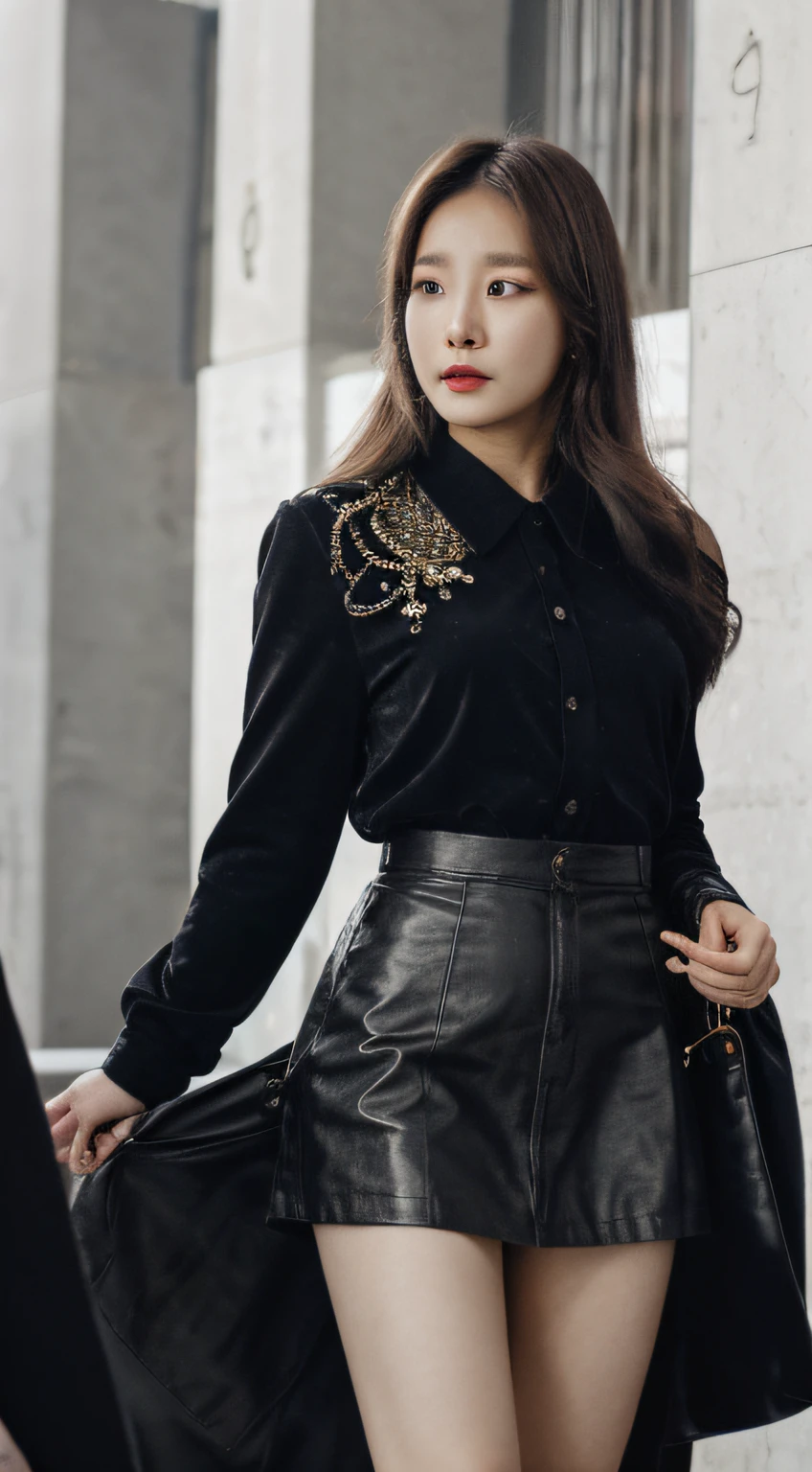 Korea's Extravagant Clothing, Young Korean Woman, Straps, Eco leather, mini skirt, fashionable, Metropolis around, ultradetail, Hyper-realistic fashion designer Hyoyin Seo