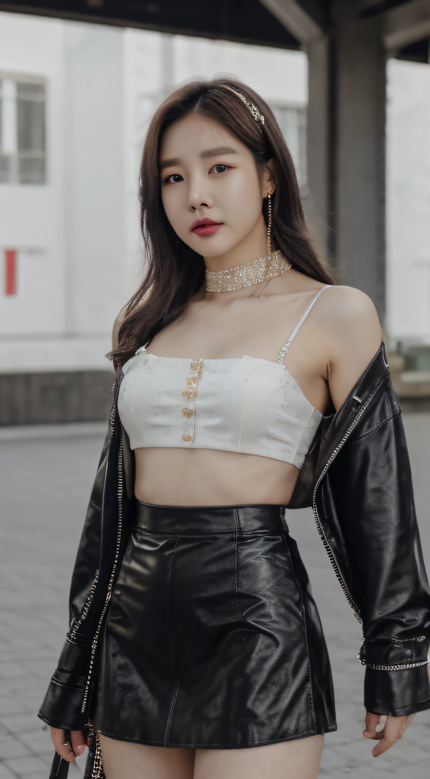 Korea's Extravagant Clothing, Young Korean Woman, Straps, Eco leather, mini skirt, fashionable, Metropolis around, ultradetail, Hyper-realistic fashion designer Hyoyin Seo