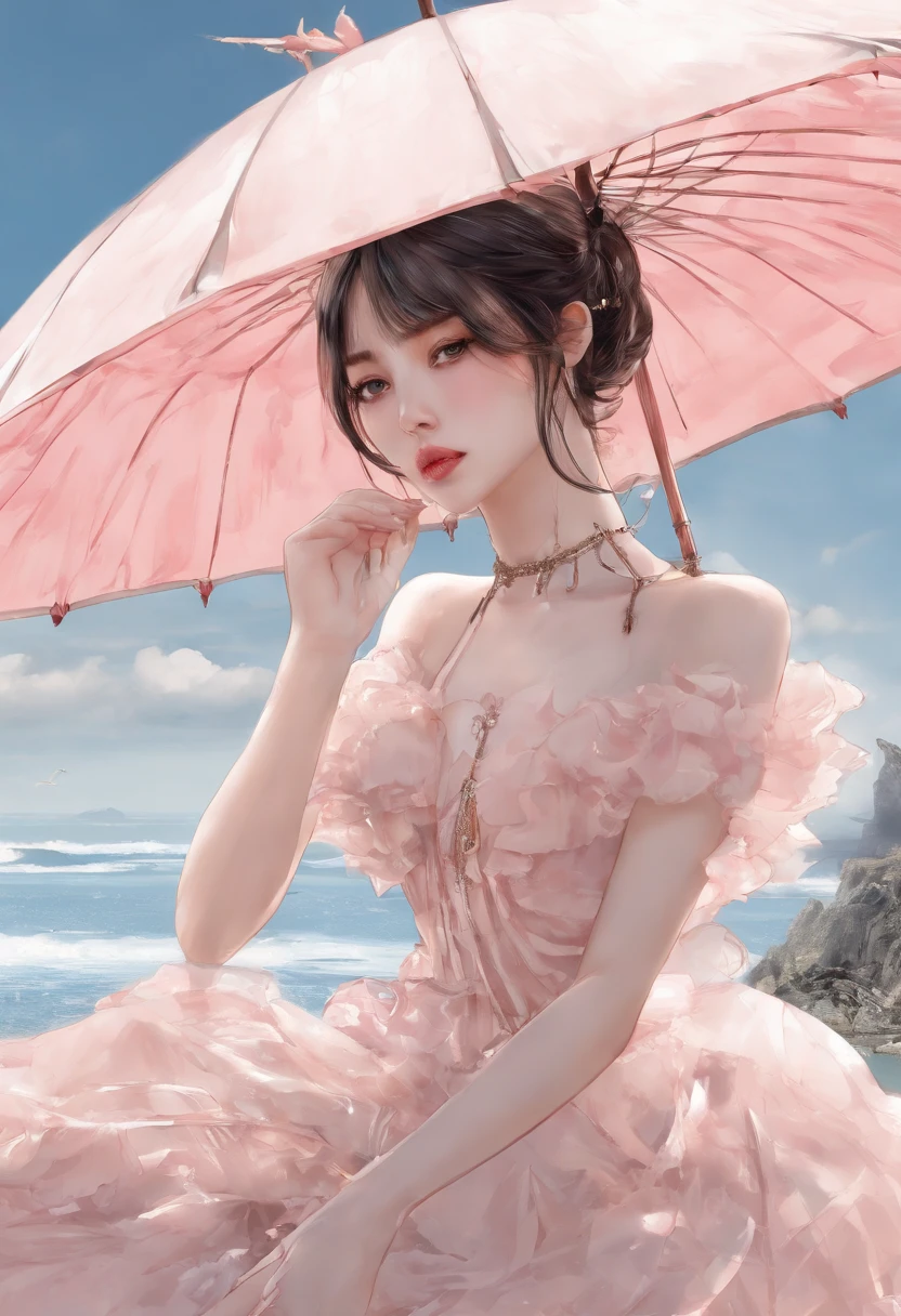 Beautiful and charming woman in fashion trend, full body: 1.6, holding flowers, random hairstyle, sitting under a parasol, by the sea, tight slip dress random color, wind blowing hair, blue sky and white clouds, delicate sexy collarbone, covering chest, charming goose egg face, double eyelids, smart peach blossom eyes, pink lips, small upturned nose, bare shoulders, focused face, face close-up, ultra-high definition, super detail, ultra-thin translucency, fresh and good, see-through, pink