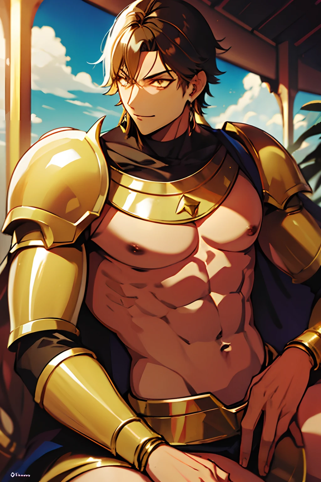 Ozymandias. piel morena, hombros anchos, ojos dorados, pecho al descubierto. sonrisa coqueta. pectorales. arrogante. PECTORALES GRANDES Y FUERTES.