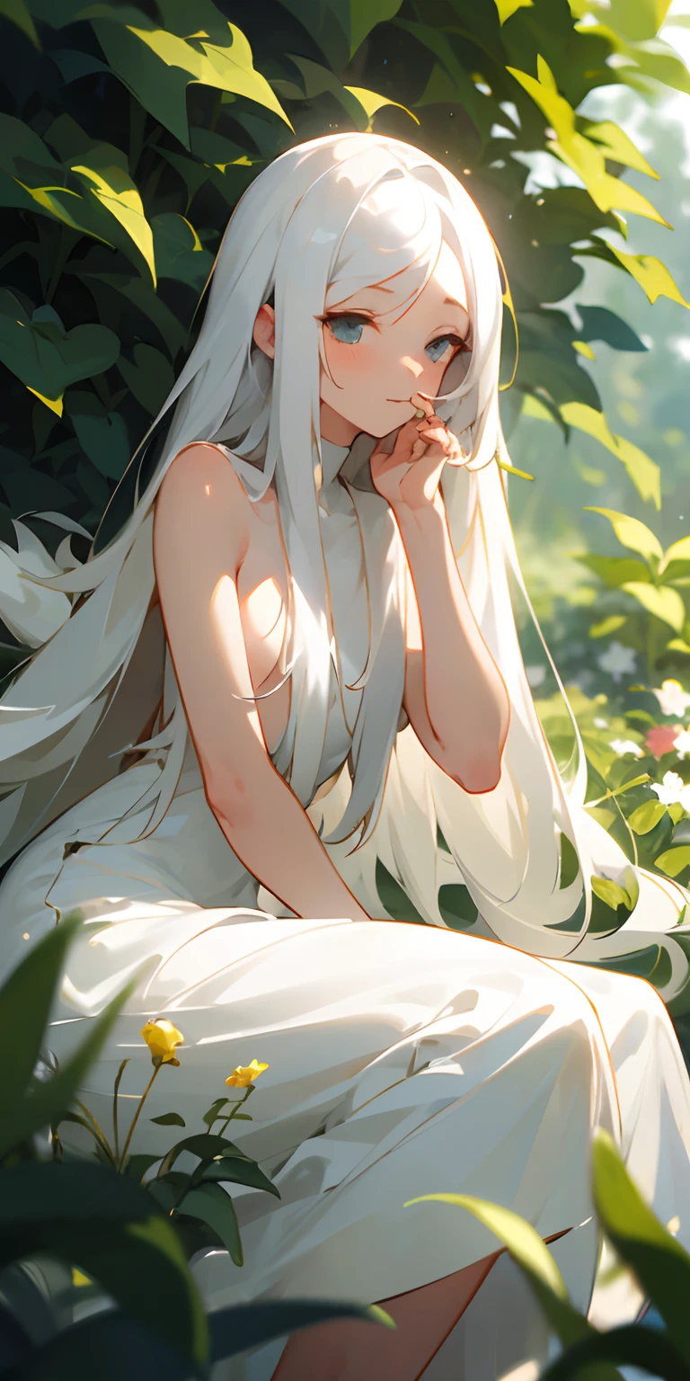 (masterpiece, best quality),1girl with long white hair sitting in a field of green plants and flowers, her hand under her chin, warm lighting, white dress, blurry foreground, naked, bulged bladder 5 Liter, Desperate to pee