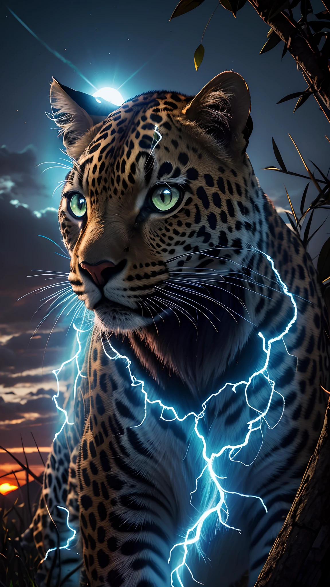 Leopard, naturais, Natureza, Natureza, Linda, renderizado, fotorrealista, UltraHD, 4k, texturasdetalhadas, thunders, sombras detalhadas, cores detalhadas, por do sol, sol se pondo, Sunset, Natureza Linda, fundo preto, por do sol, contraste detalhado, contraste realista, alta resolução, cores detalhadas, fogo, eletricidade, divina criatura, 8k,