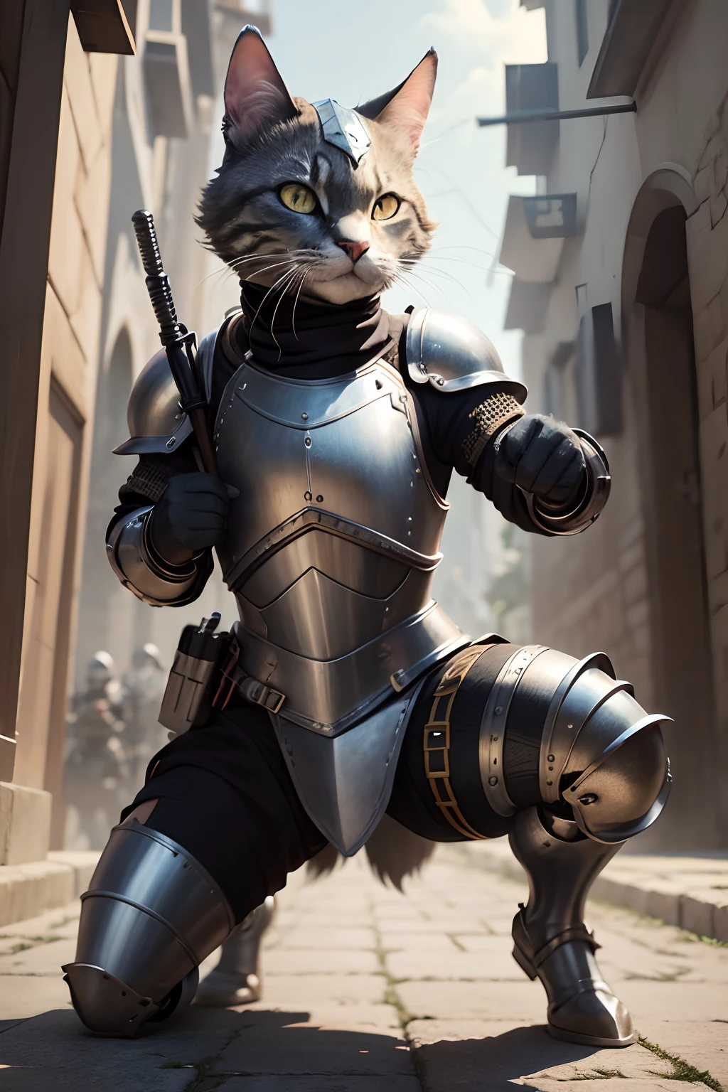 Imagine a futuristic cat wearing realistic medieval armor in a defensive position. Descreva esse felino com uma postura imponente e segura, sua cauda erguida e suas orelhas atentas. The armor he wears is made of polished and sturdy metal plates, providing impeccable defense against enemy attacks. Detalhe como essa armadura se adapta ao corpo do gato, protecting all vital areas while allowing the freedom of movement needed to react in any situation.