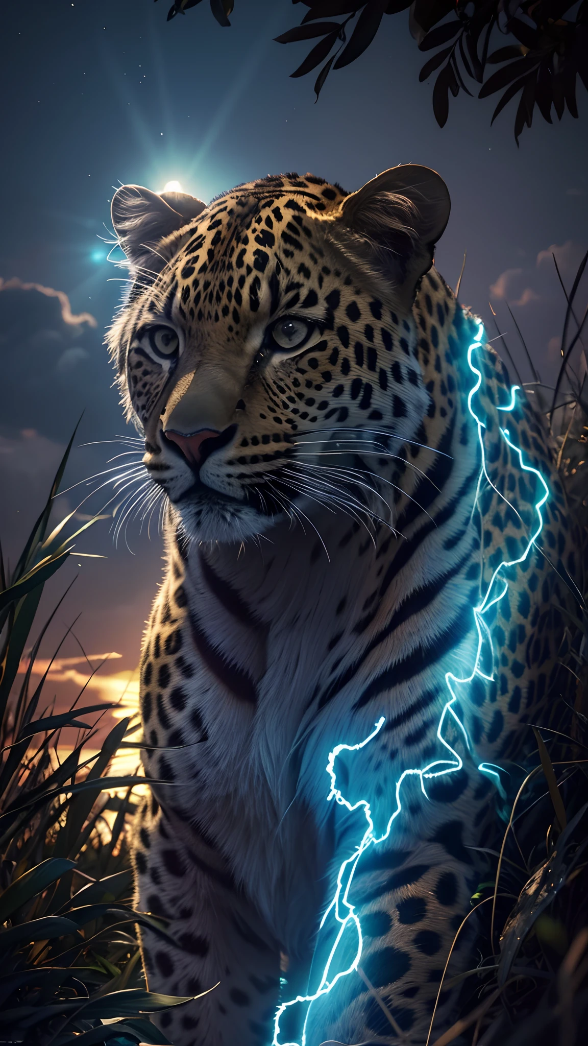 Leopard, naturais, Natureza, Natureza, Linda, renderizado, fotorrealista, UltraHD, 4k, texturasdetalhadas, thunders, sombras detalhadas, cores detalhadas, por do sol, sol se pondo, Sunset, Natureza Linda, fundo preto, por do sol, contraste detalhado, contraste realista, alta resolução, cores detalhadas, fogo, eletricidade, divina criatura, 8k,